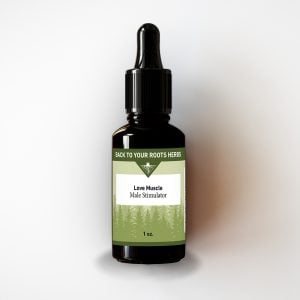 A 1 oz. bottle of Back To Your Roots Herbs Love Muscle male performance tincture with a black dropper cap.