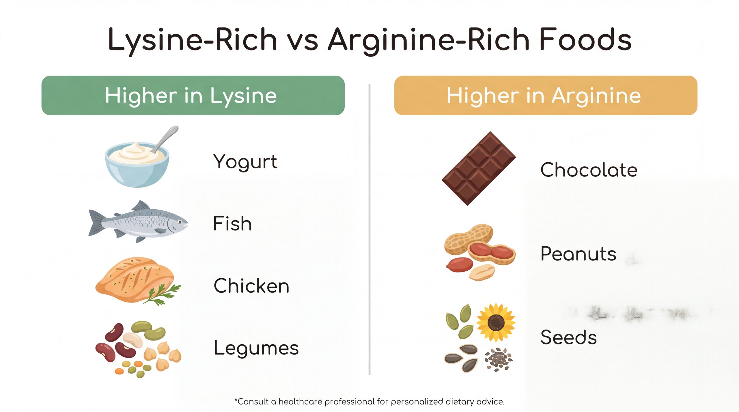 Infographic comparing lysine-rich and arginine-rich foods discussed for reducing herpes outbreak frequency