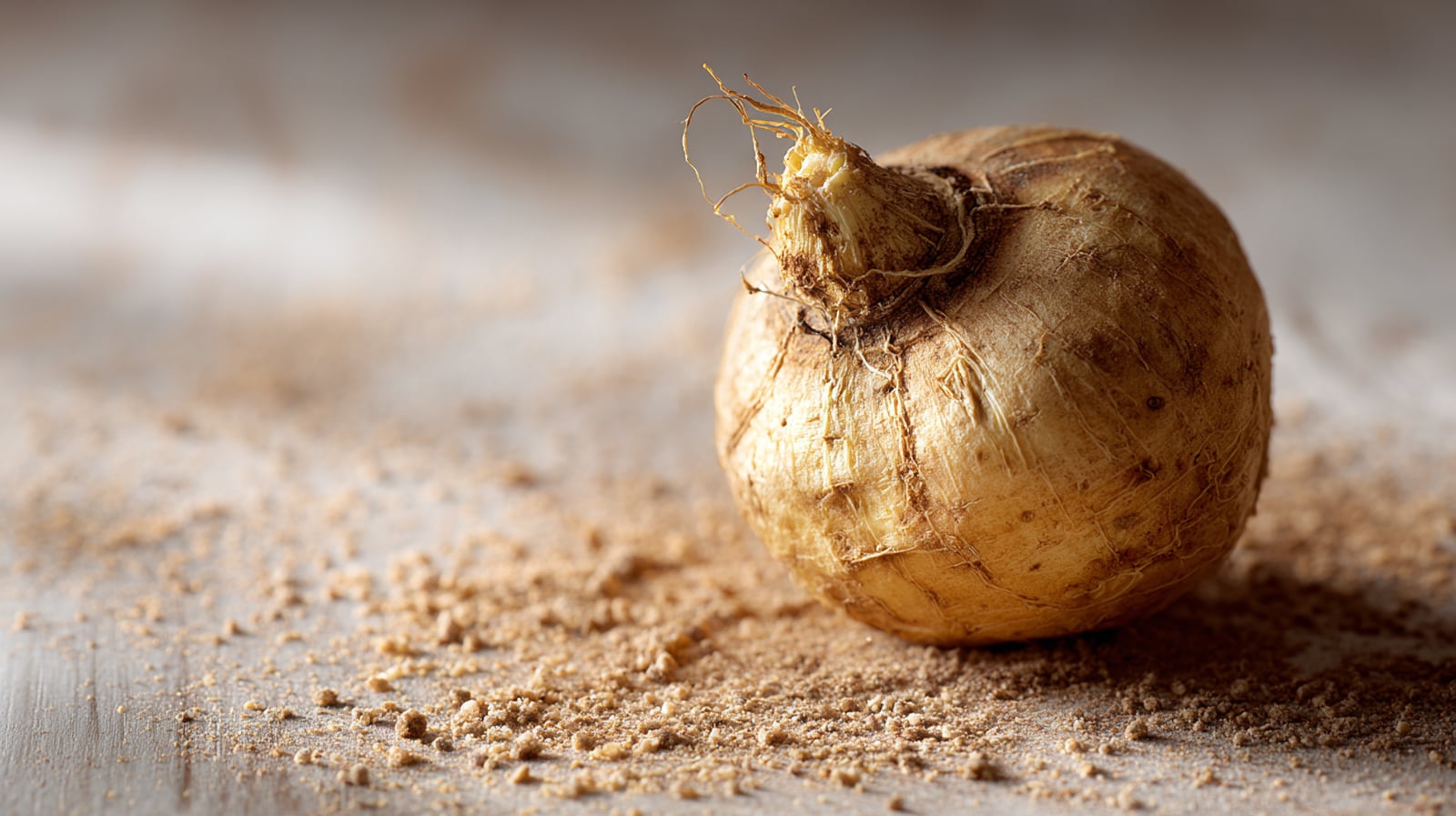 Close-up of a whole maca root, a Peruvian herb known for its potential effects on libido.