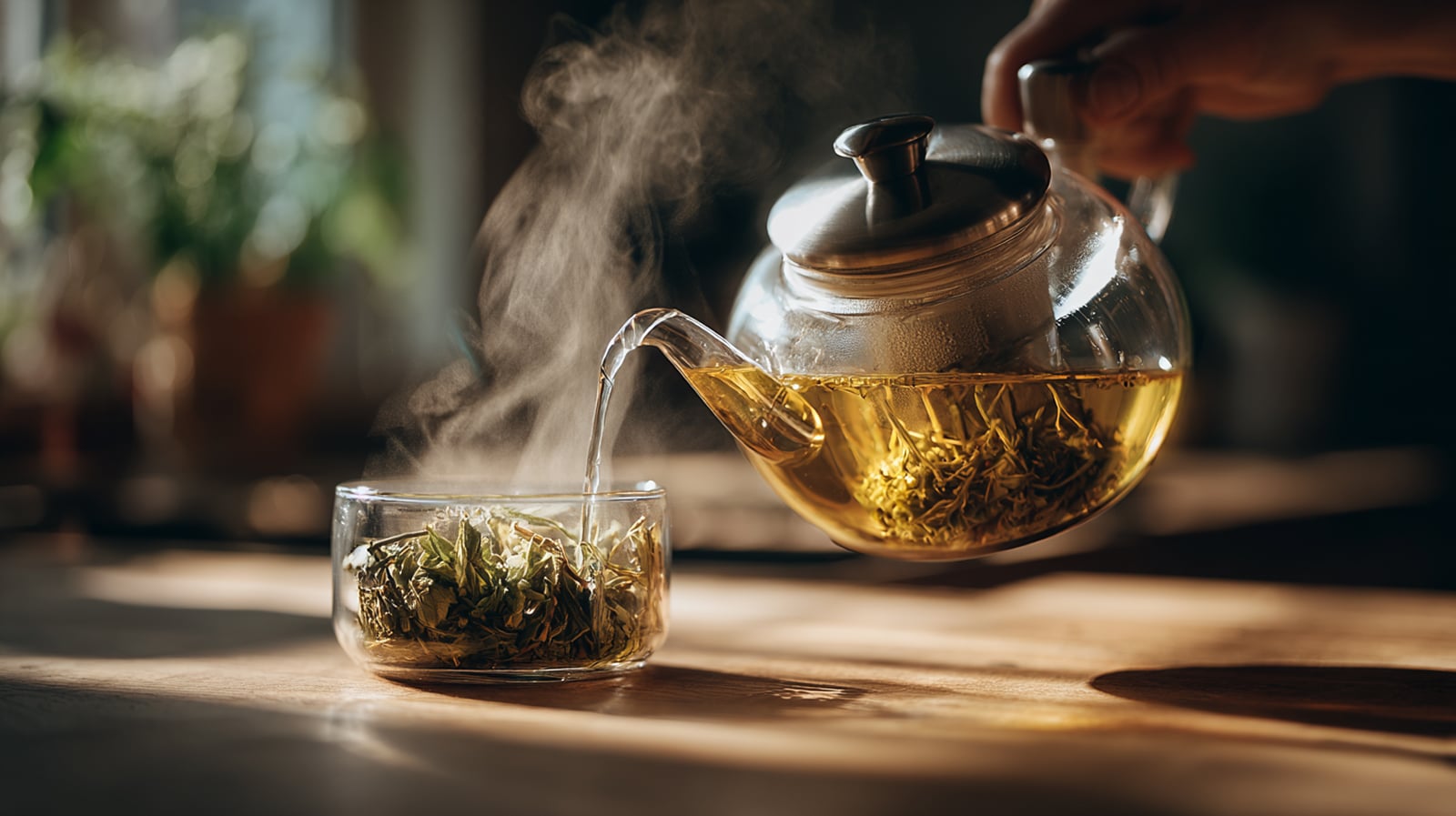 A person pouring hot water from a kettle into a glass teapot filled with loose-leaf herbs to make a fresh herbal infusion.