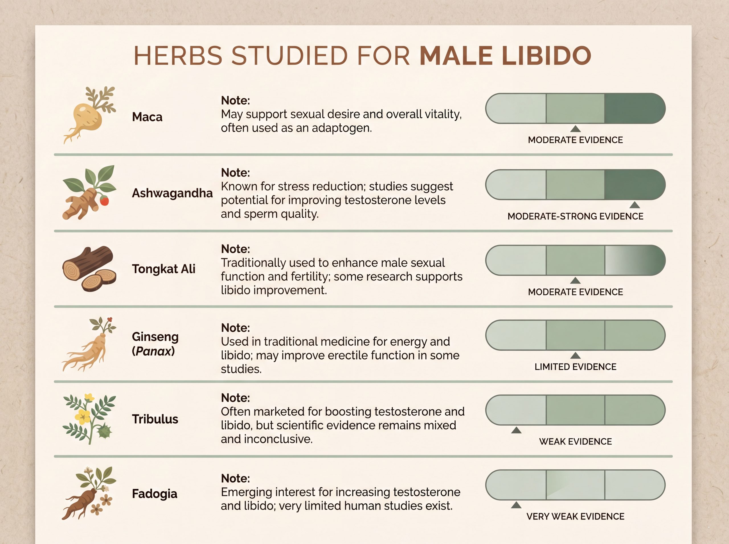 Infographic comparing strength of evidence for six male libido herbs