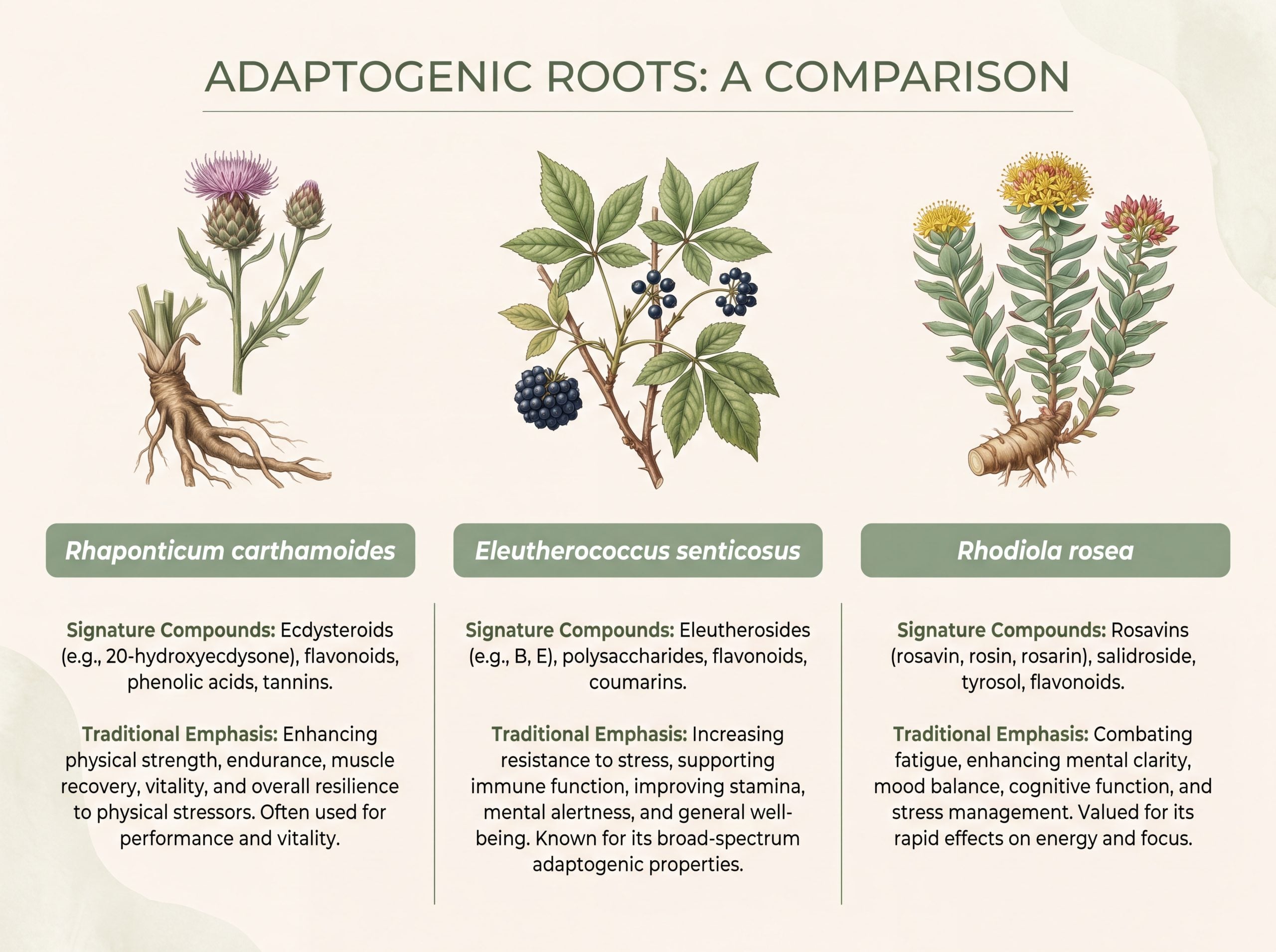 Comparison of maral root, Siberian ginseng, and Rhodiola adaptogens by compound and use
