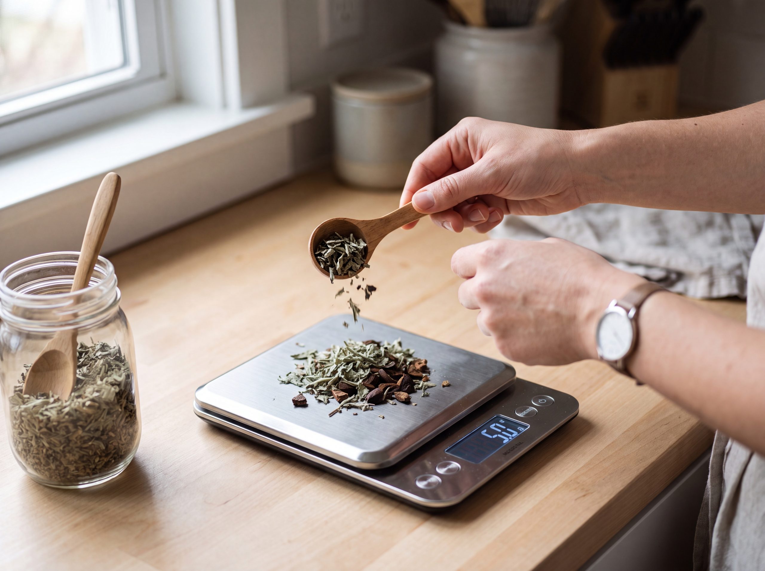 Measuring a dose of dried herbs for a time-limited parasite cleanse