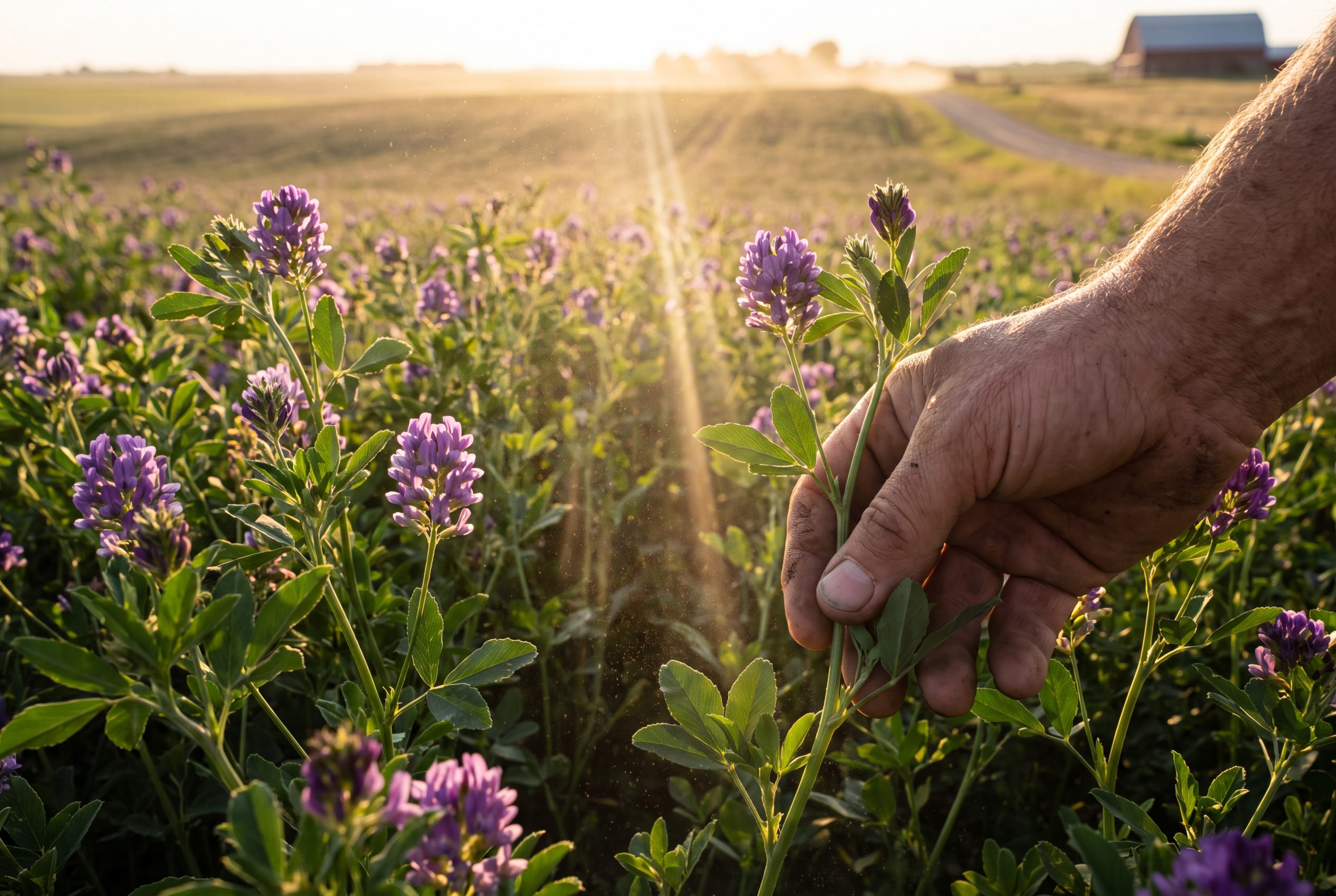 Mature Medicago sativa alfalfa in flower at golden hour with a hand parting the stems to show leaf density