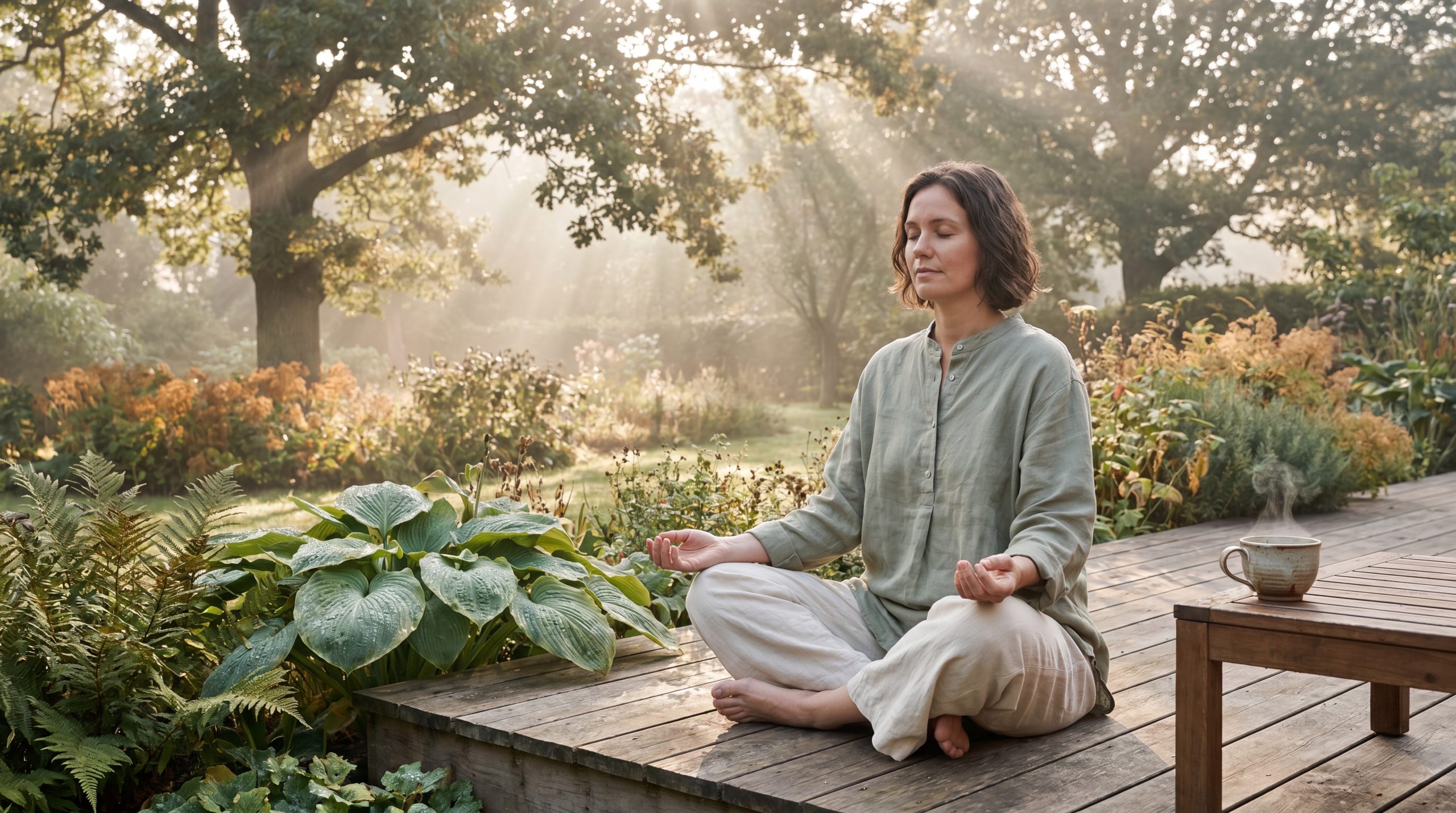 Person meditating outdoors in a quiet garden setting representing stress reduction practices that support allergy management