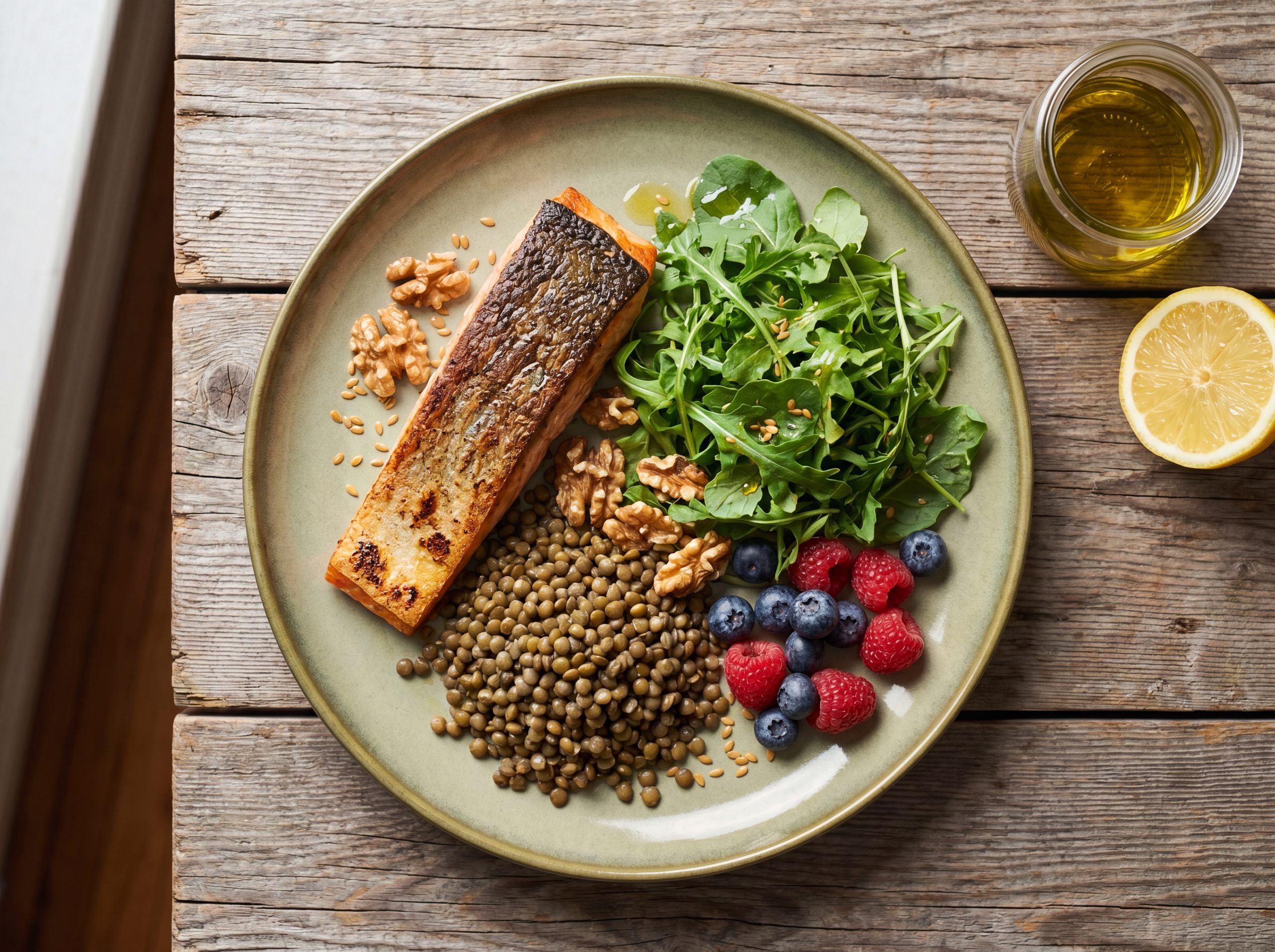 Mediterranean-style plate with grilled salmon, lentils, leafy greens, olive oil, walnuts, and fresh berries for anti-inflammatory allergy support