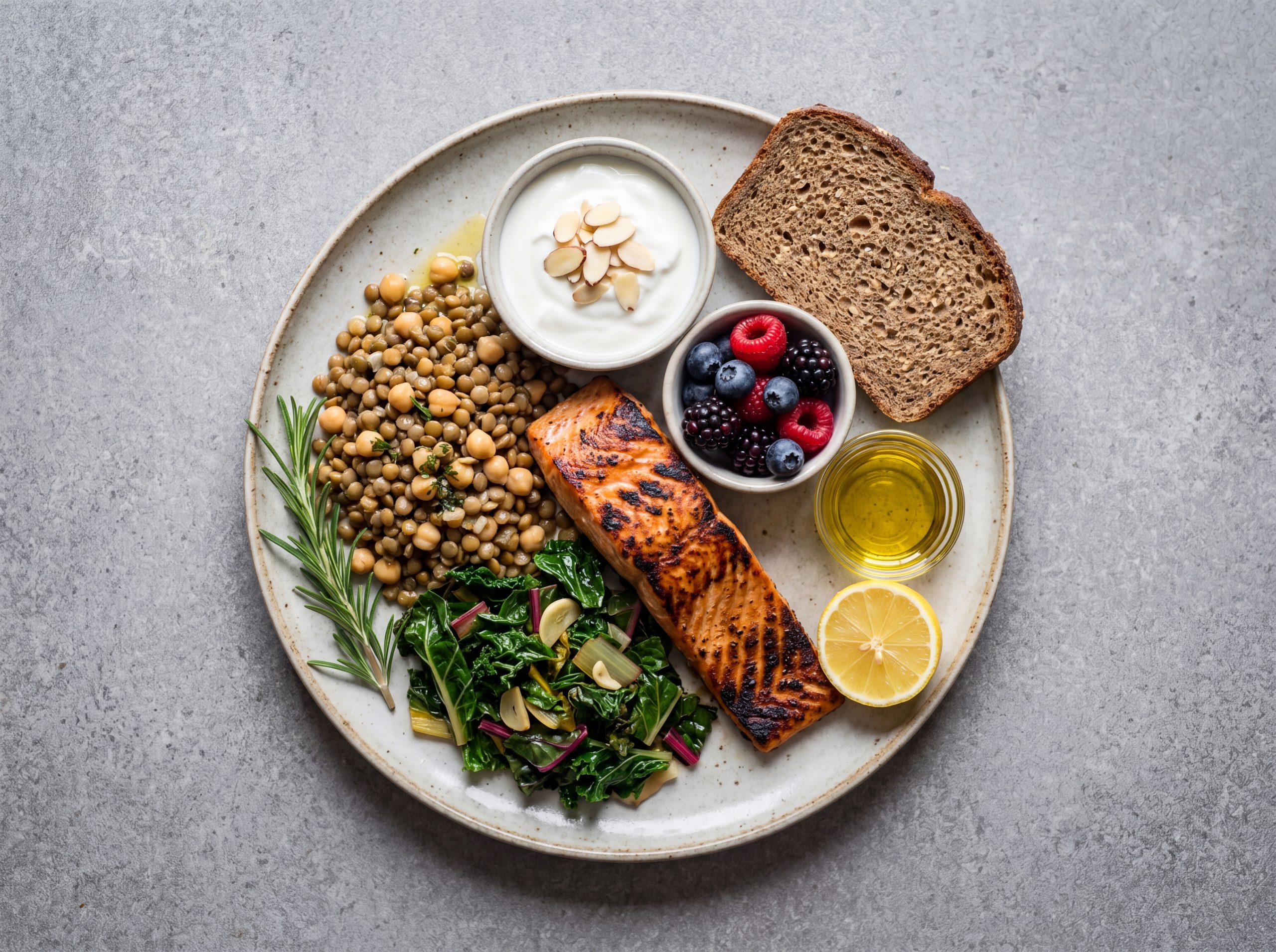 Mediterranean diet plate with salmon, legumes, leafy greens, yogurt, and whole grains for gut microbiome support