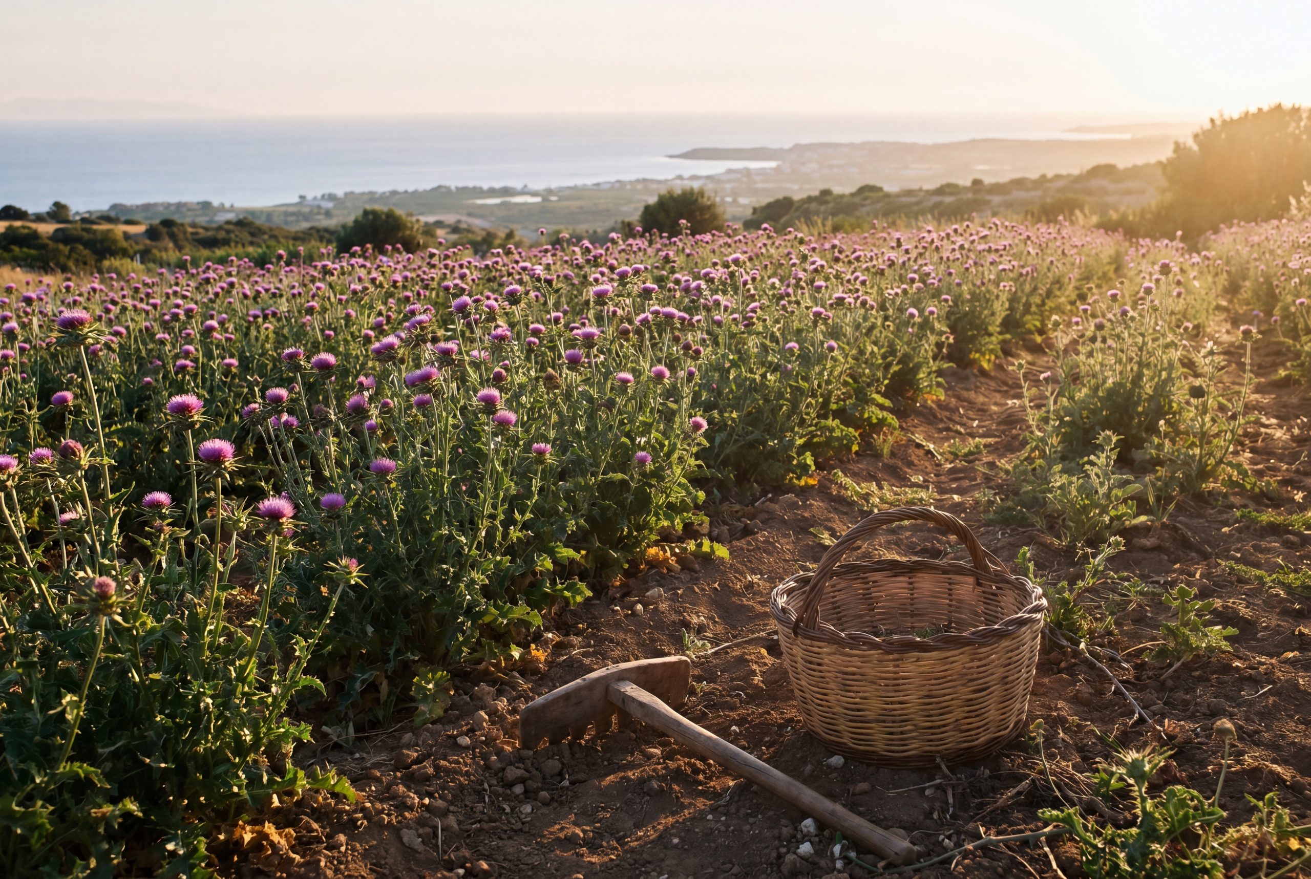 Sun-drenched Mediterranean milk thistle field at approximately 37 degrees north latitude where Back To Your Roots Herbs sources its whole-seed Silybum marianum