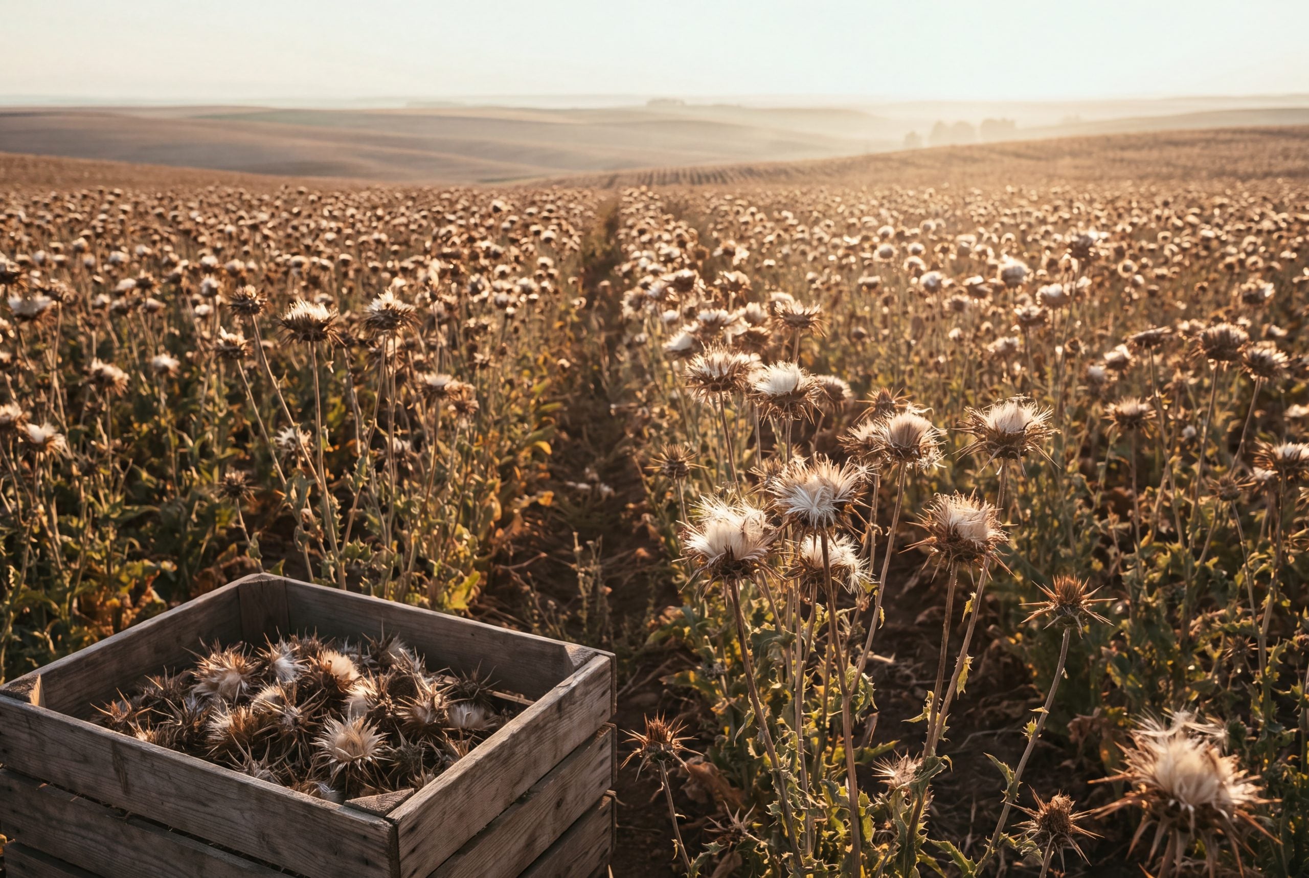 Milk thistle field at harvest maturity with dried seed heads, showing whole seed sourcing for silymarin content