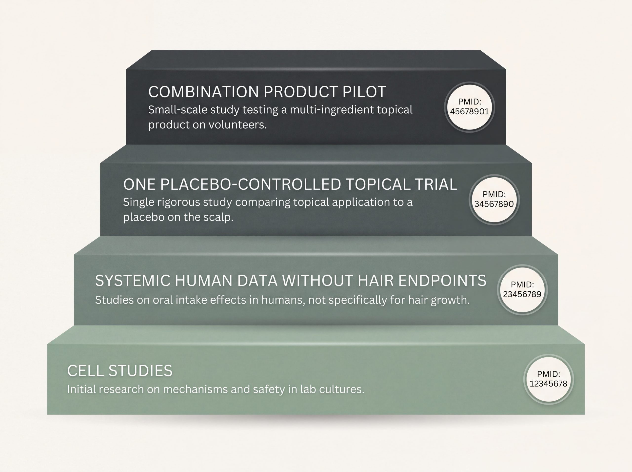Evidence ladder infographic ranking milk thistle hair research from cell studies to one topical trial