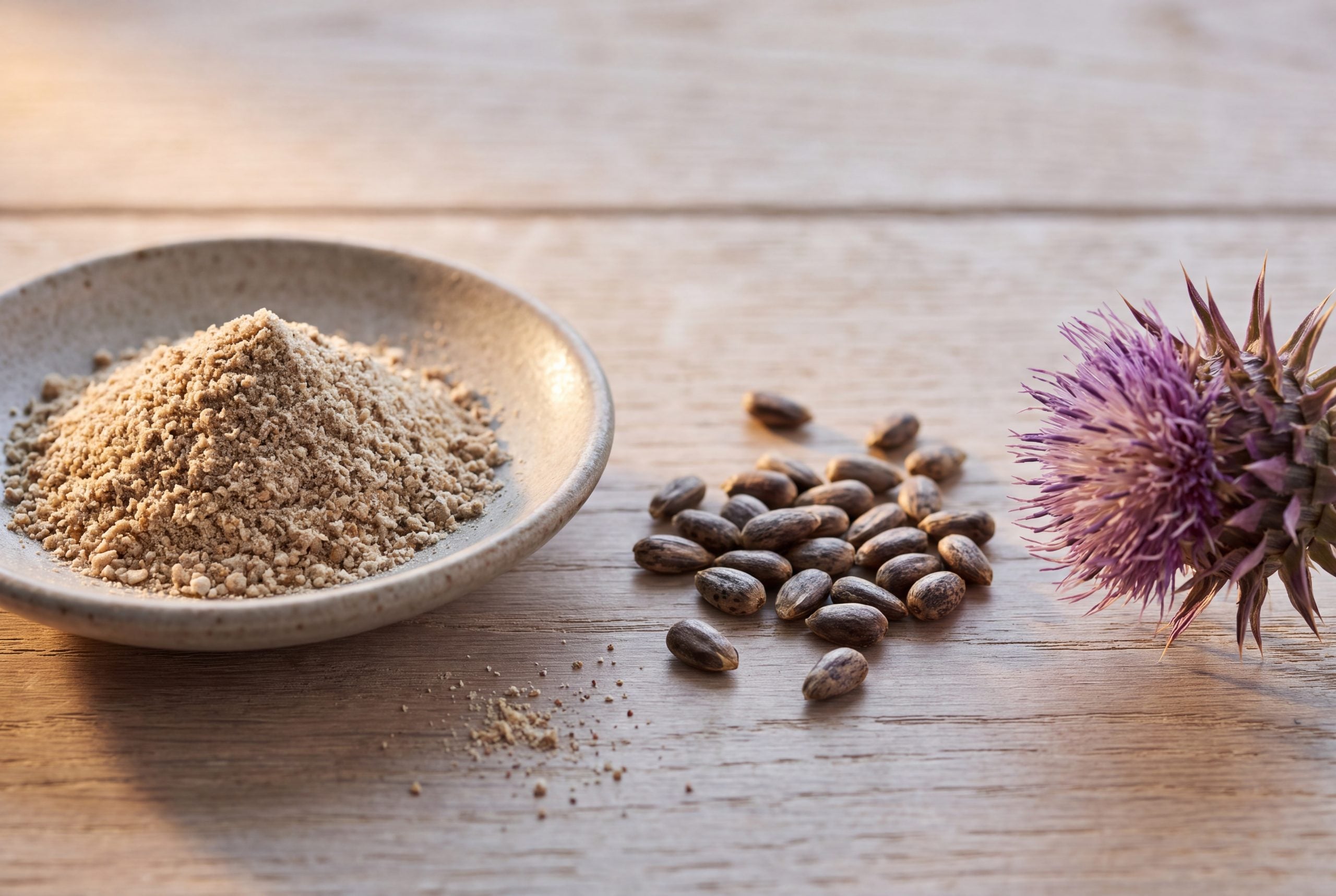 Milk thistle seed powder, whole seeds and a dried flower head shown separately to compare plant parts
