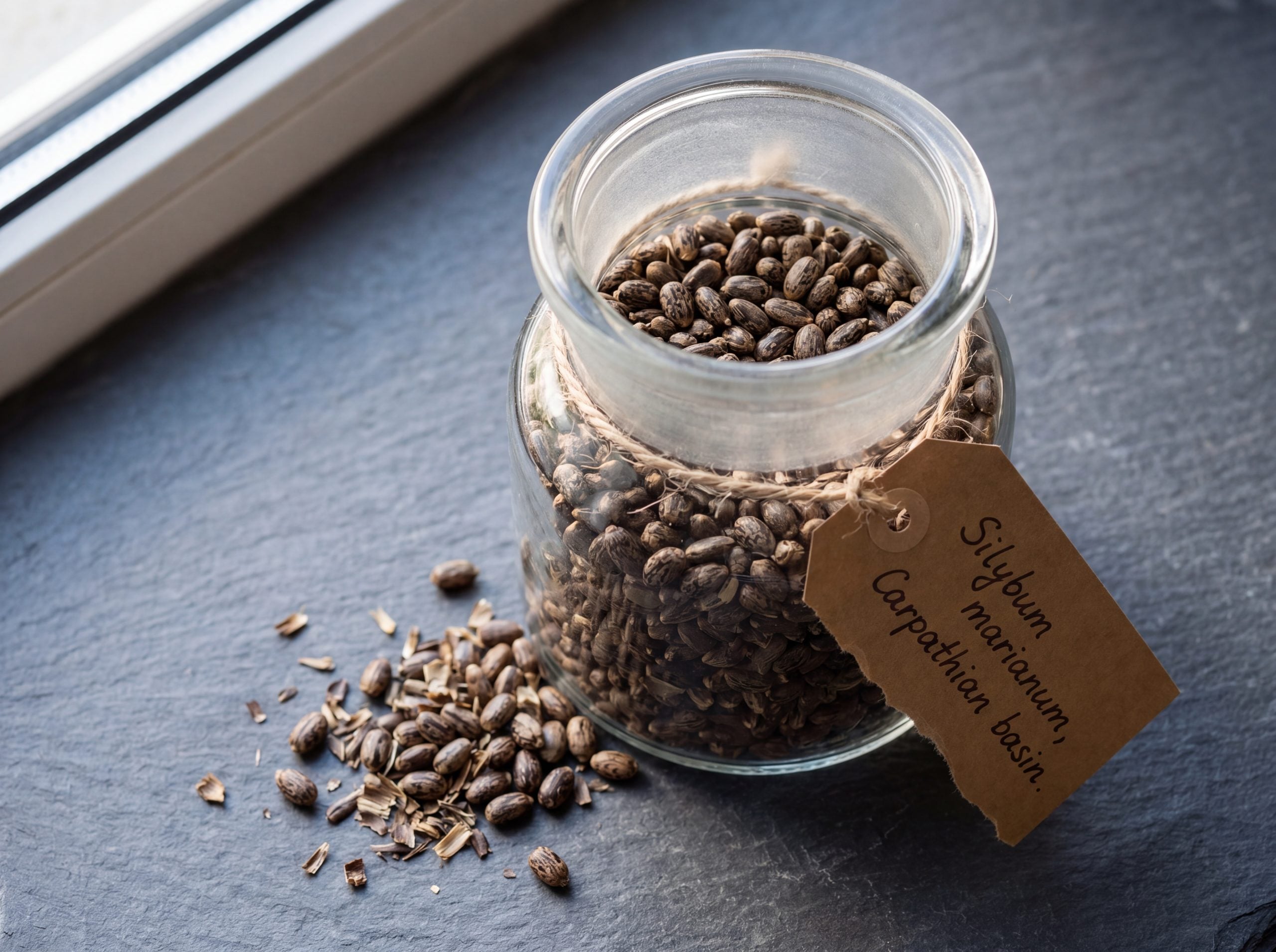 Whole milk thistle seeds in apothecary jar showing source for silymarin used in milk thistle for liver support