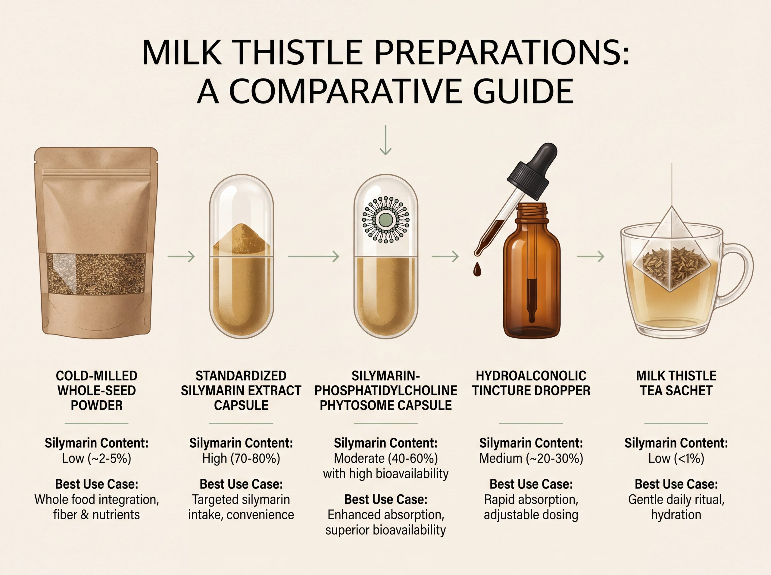 Comparison infographic of milk thistle preparation forms - cold-milled whole-seed powder, capsule, phytosome, tincture, and tea