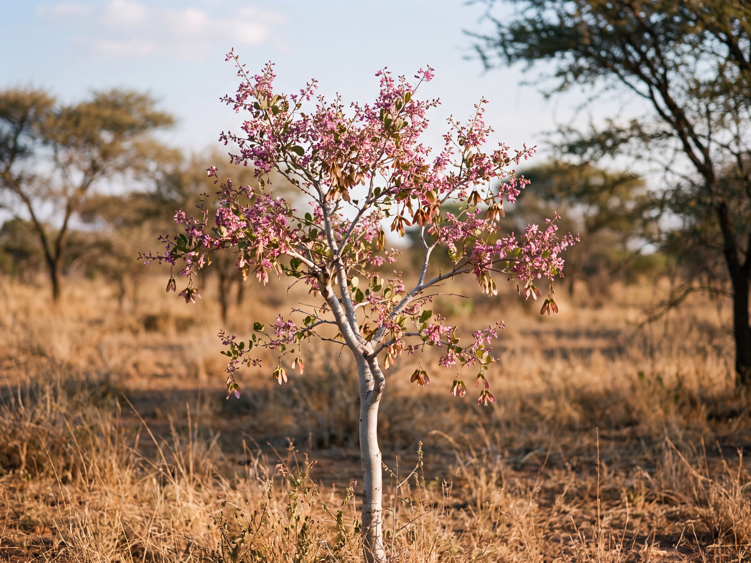 Securidaca longepedunculata tree with pale grey bark, pinkish-purple flowers and winged fruits