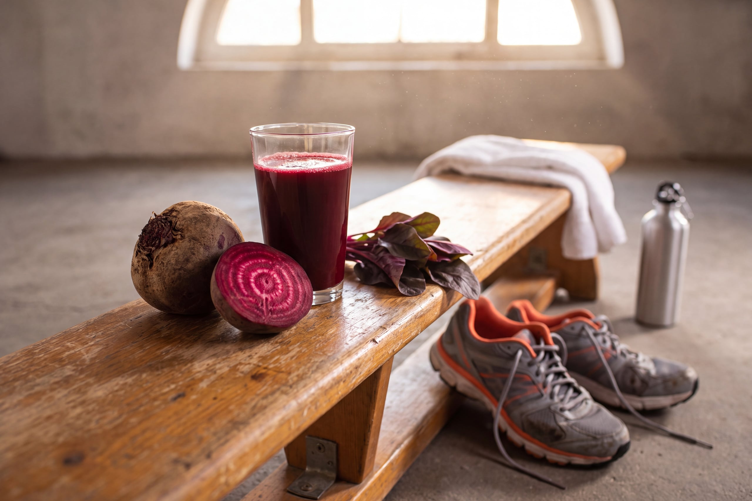 Halved Beta vulgaris beetroot and a glass of beetroot juice beside running shoes on a wooden gym bench