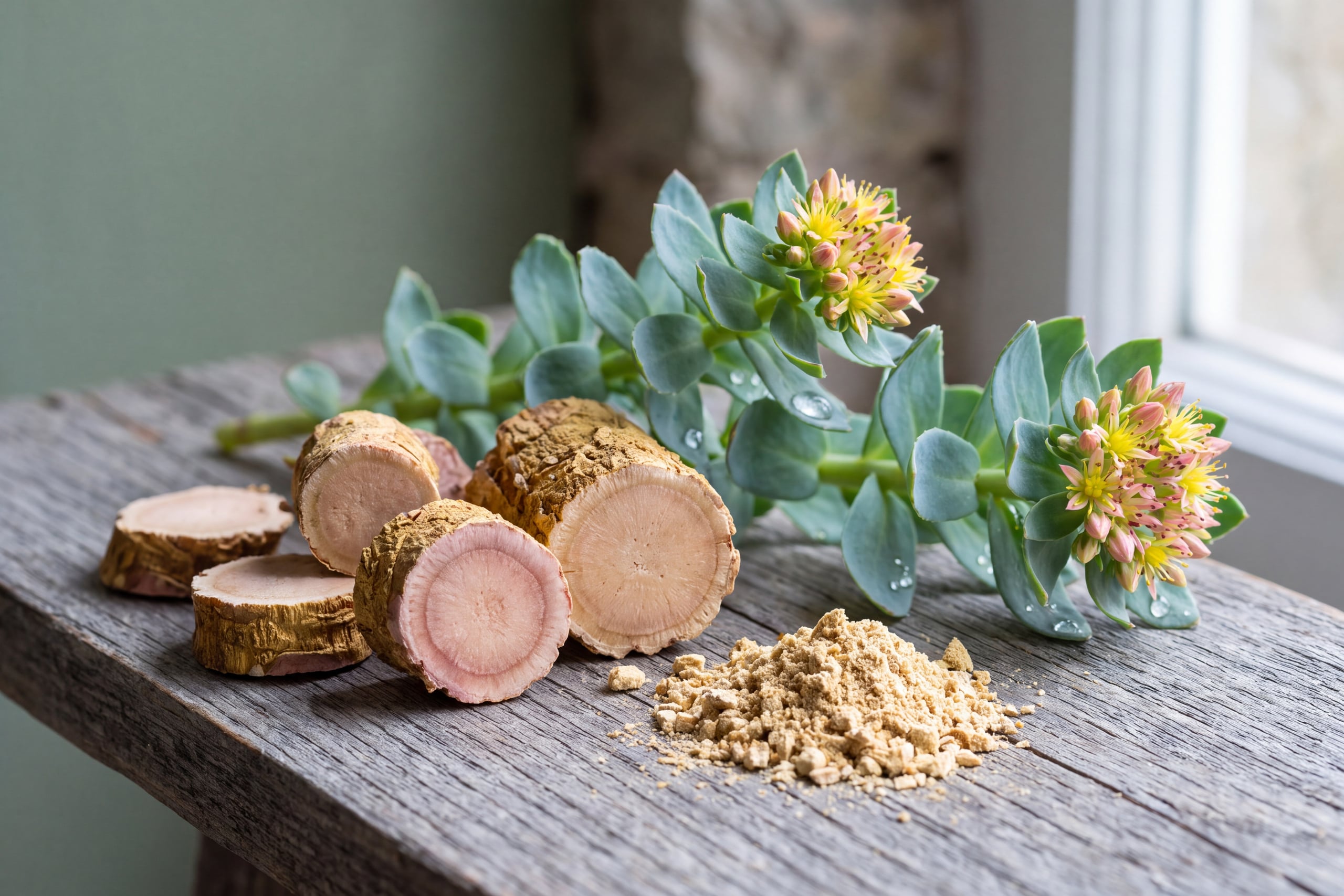 Dried Rhodiola rosea root sections, root powder, and fresh flowering stems on a weathered grey wooden board