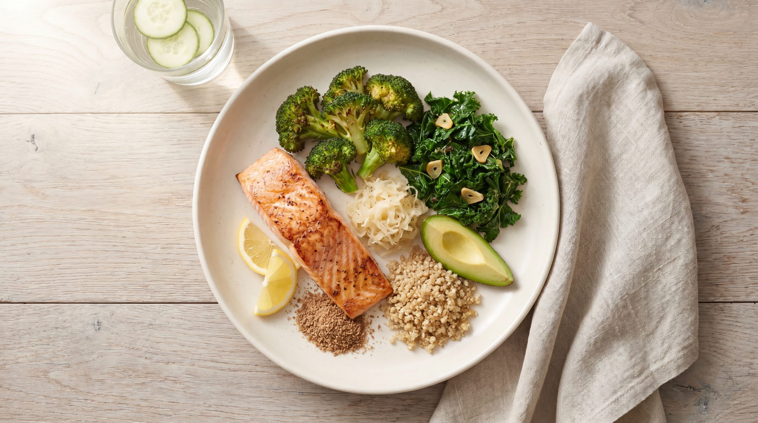Natural body cleanse whole food plate with salmon cruciferous vegetables fermented sauerkraut avocado and quinoa