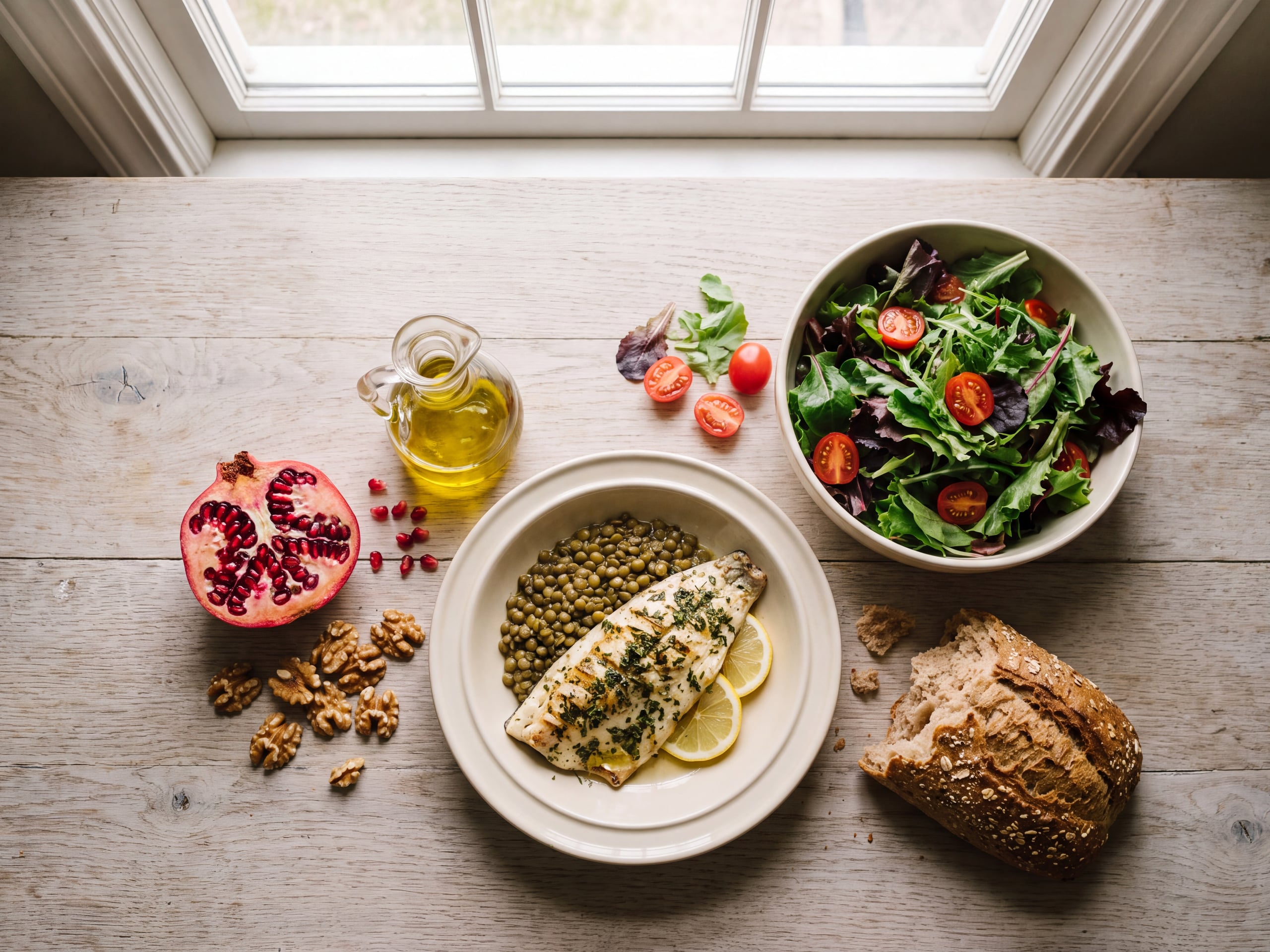 Mediterranean-style meal of fish, lentils, olive oil, walnuts, greens and a halved pomegranate (Punica granatum)