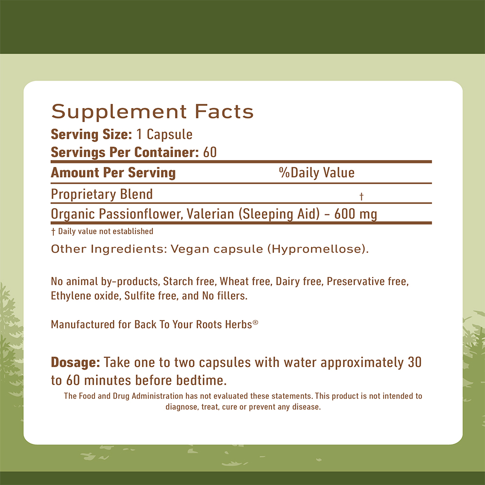Restless Capsules Supplement facts and ingredients label for Restless Sleeping Aid natural sleep capsules, showing a 600mg proprietary blend.