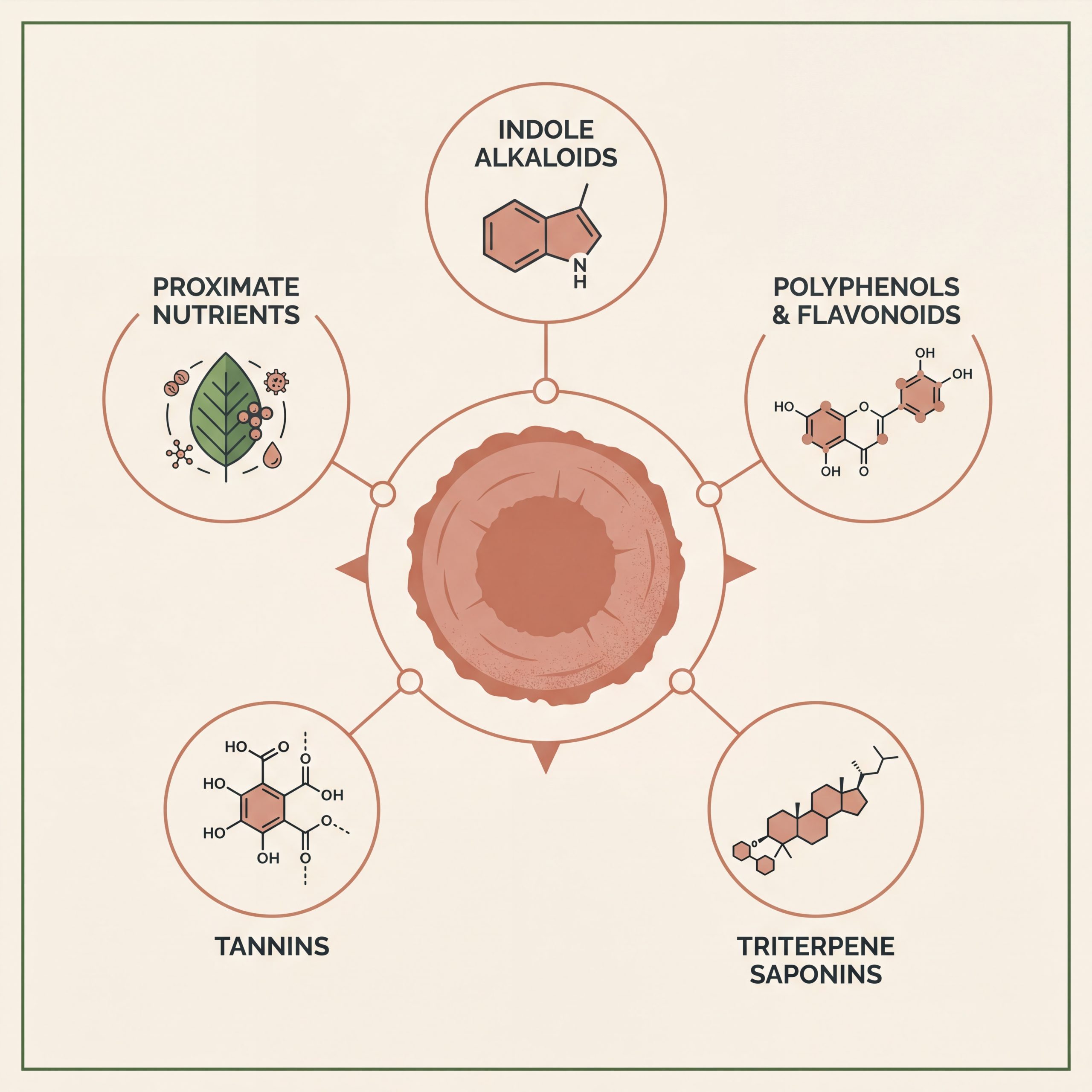 Diagram of major phytochemical classes in nauclea latifolia root including indole alkaloids polyphenols flavonoids triterpene saponins and tannins