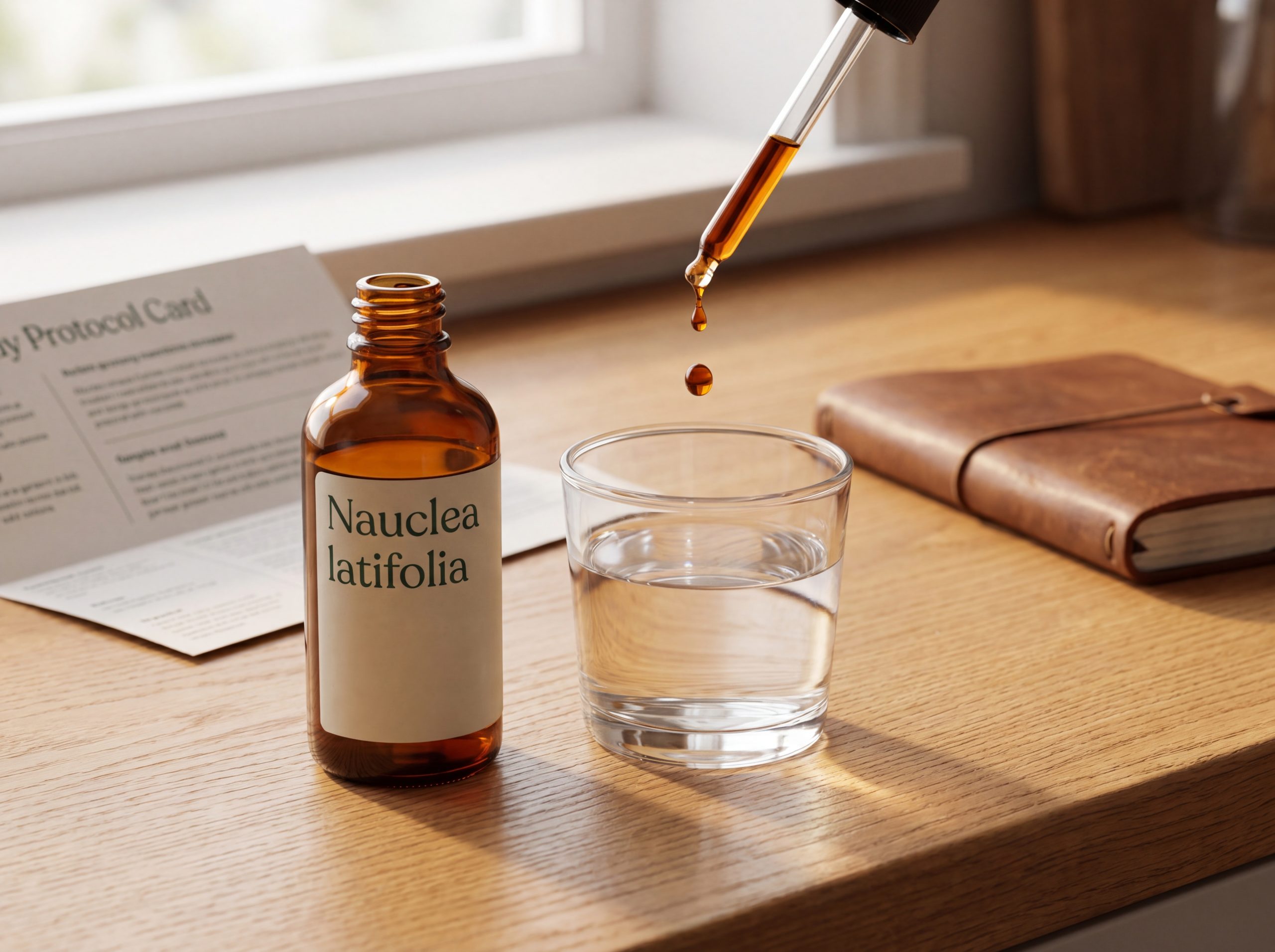 Nauclea latifolia tincture being measured from amber glass dropper bottle for daily tonic use as part of a muscle recovery routine