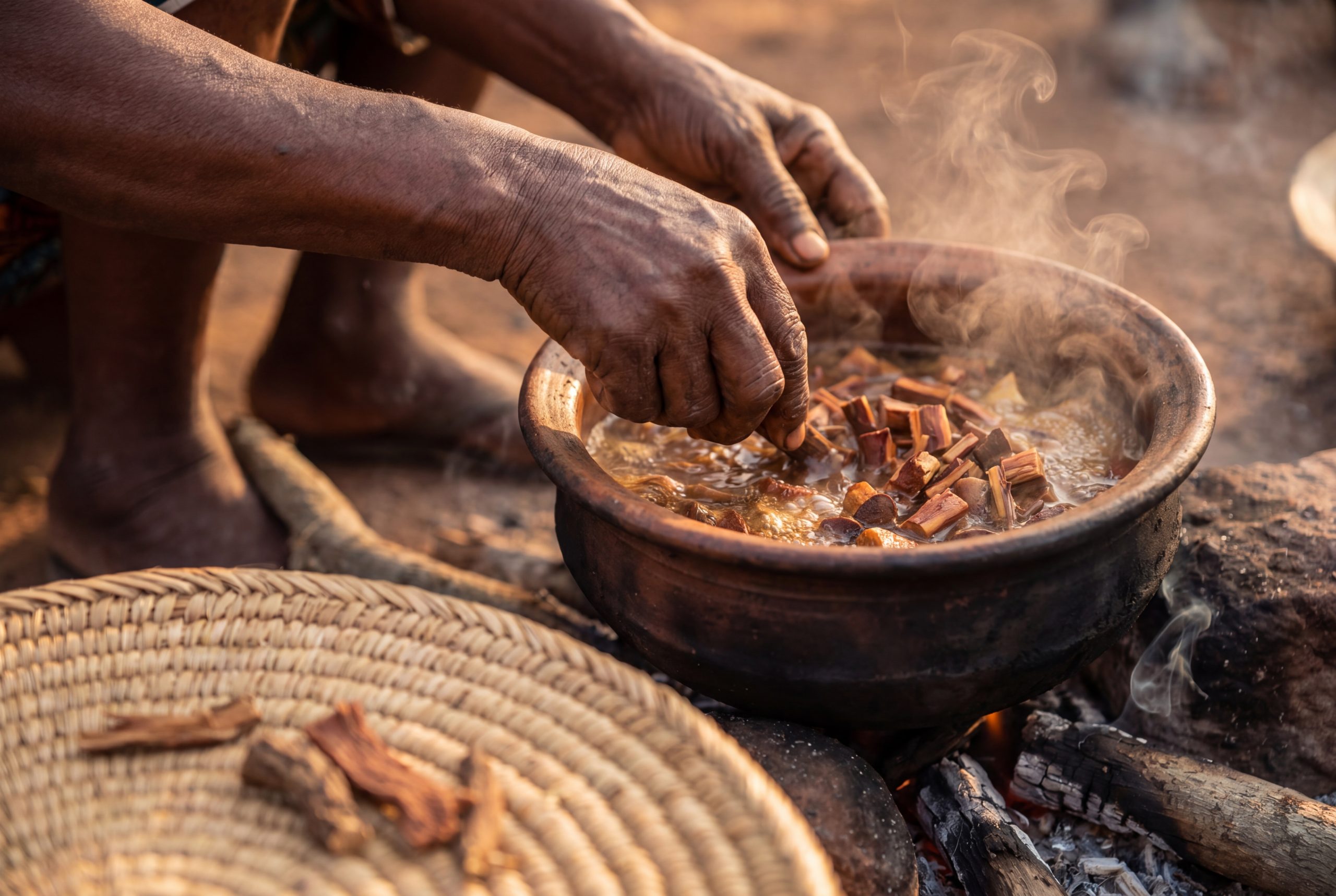 Traditional West African herbalist preparing nauclea latifolia root decoction in a clay pot over a low fire