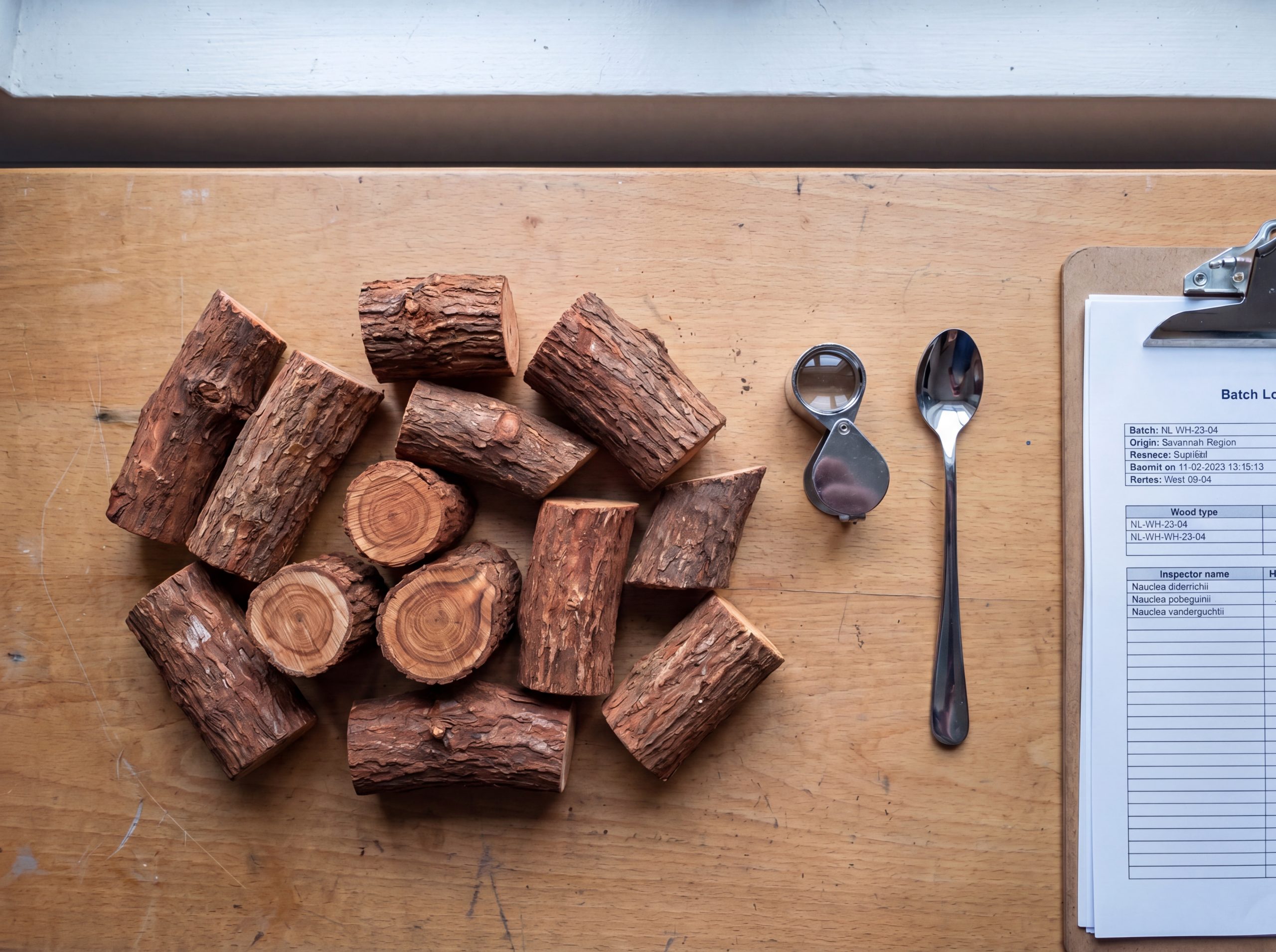 Wild-harvested nauclea latifolia root pieces being inspected and sorted for tincture preparation showing freshly harvested root