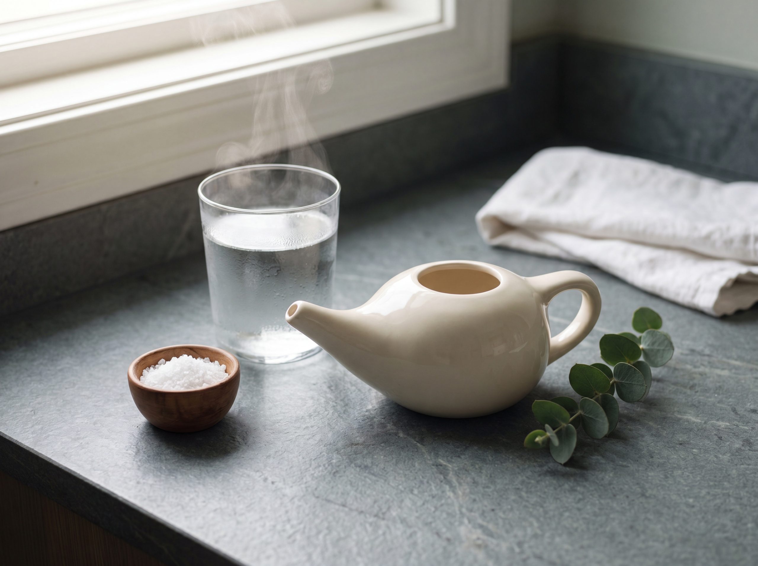 Ceramic neti pot and small bowl of non-iodised salt prepared for nasal saline irrigation as an allergy home remedy