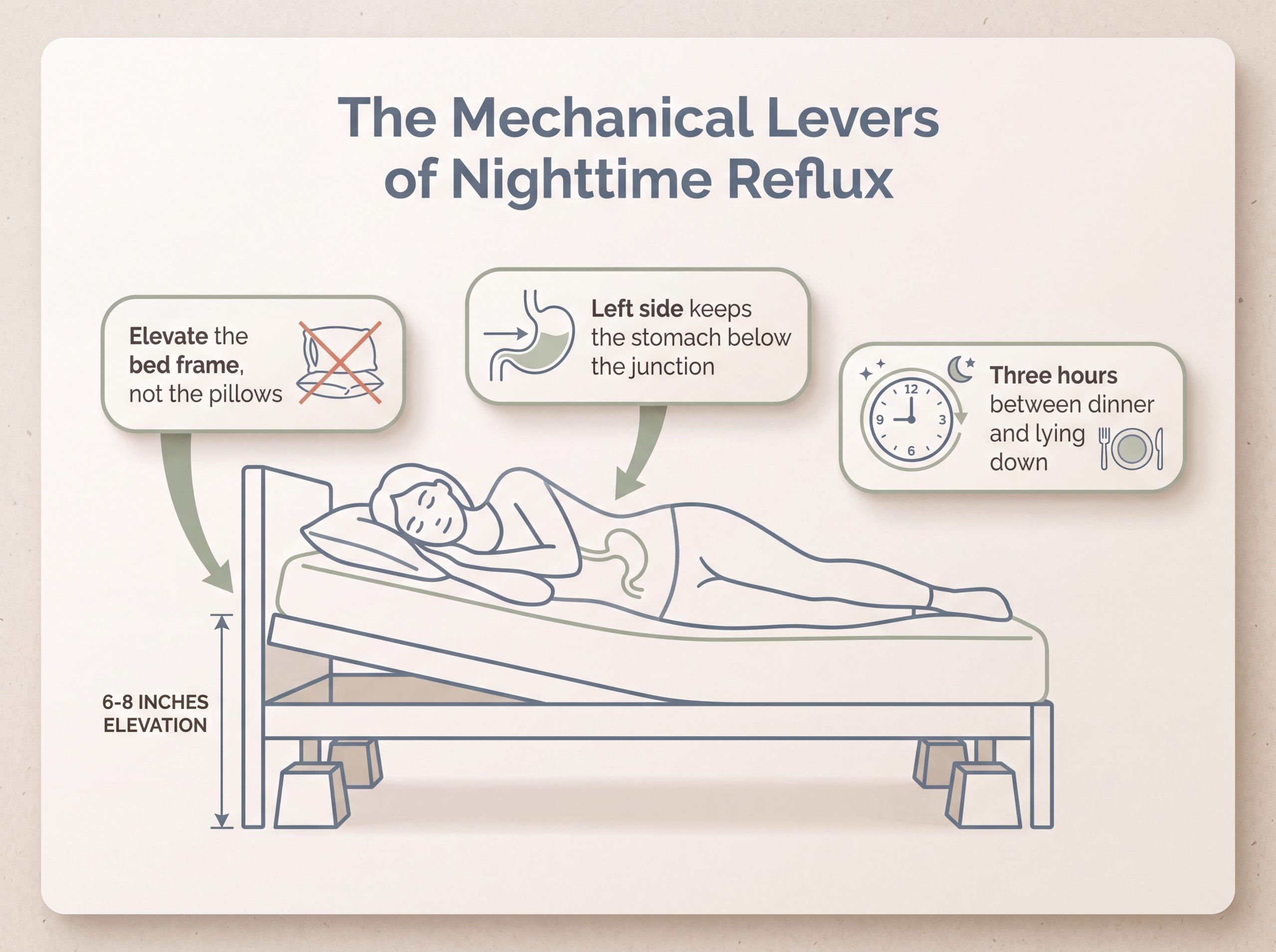Diagram showing bed elevation, left-side sleep position and dinner timing to reduce nighttime acid reflux symptoms.