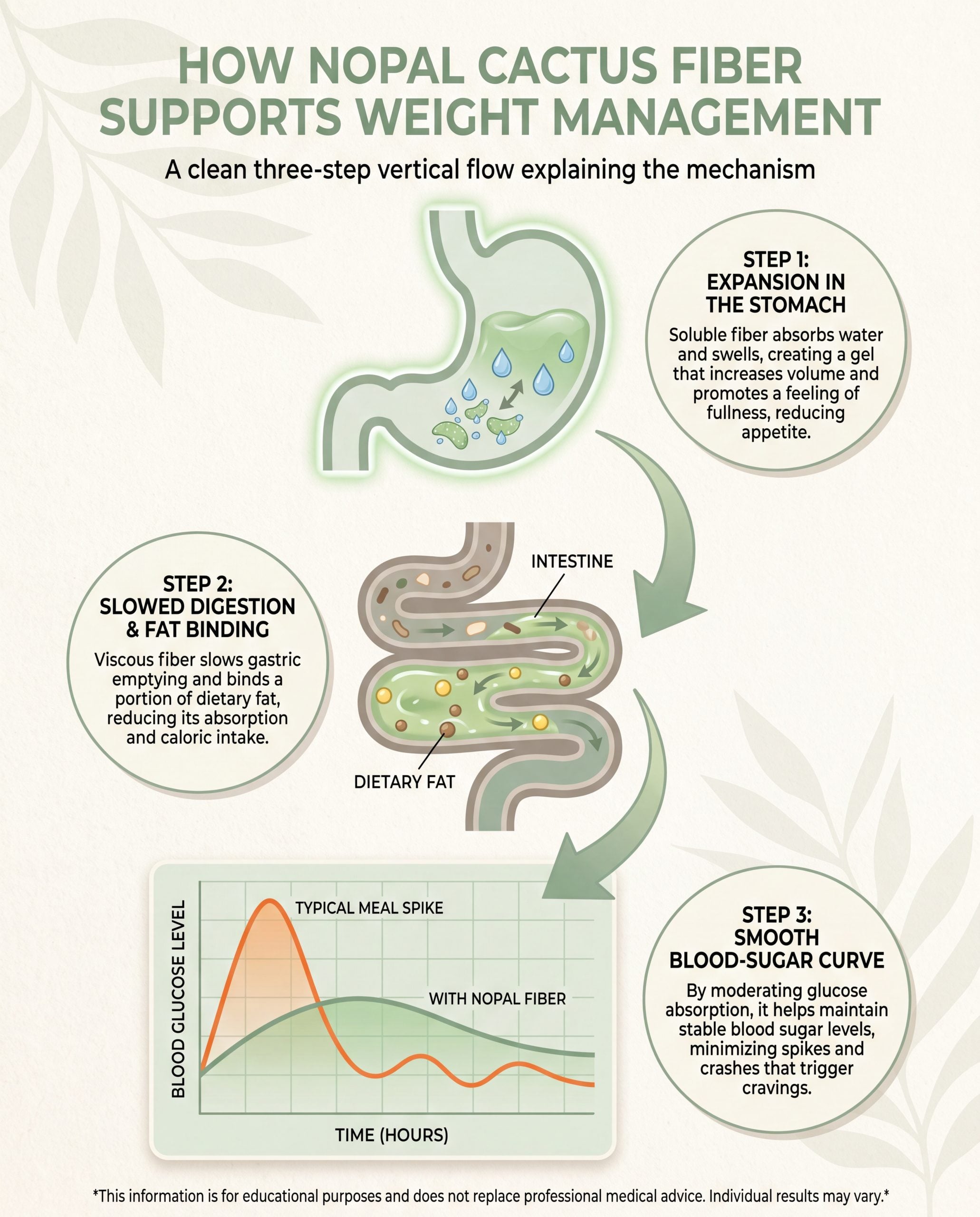 Infographic showing how nopal cactus fiber supports satiety and fat binding for weight management