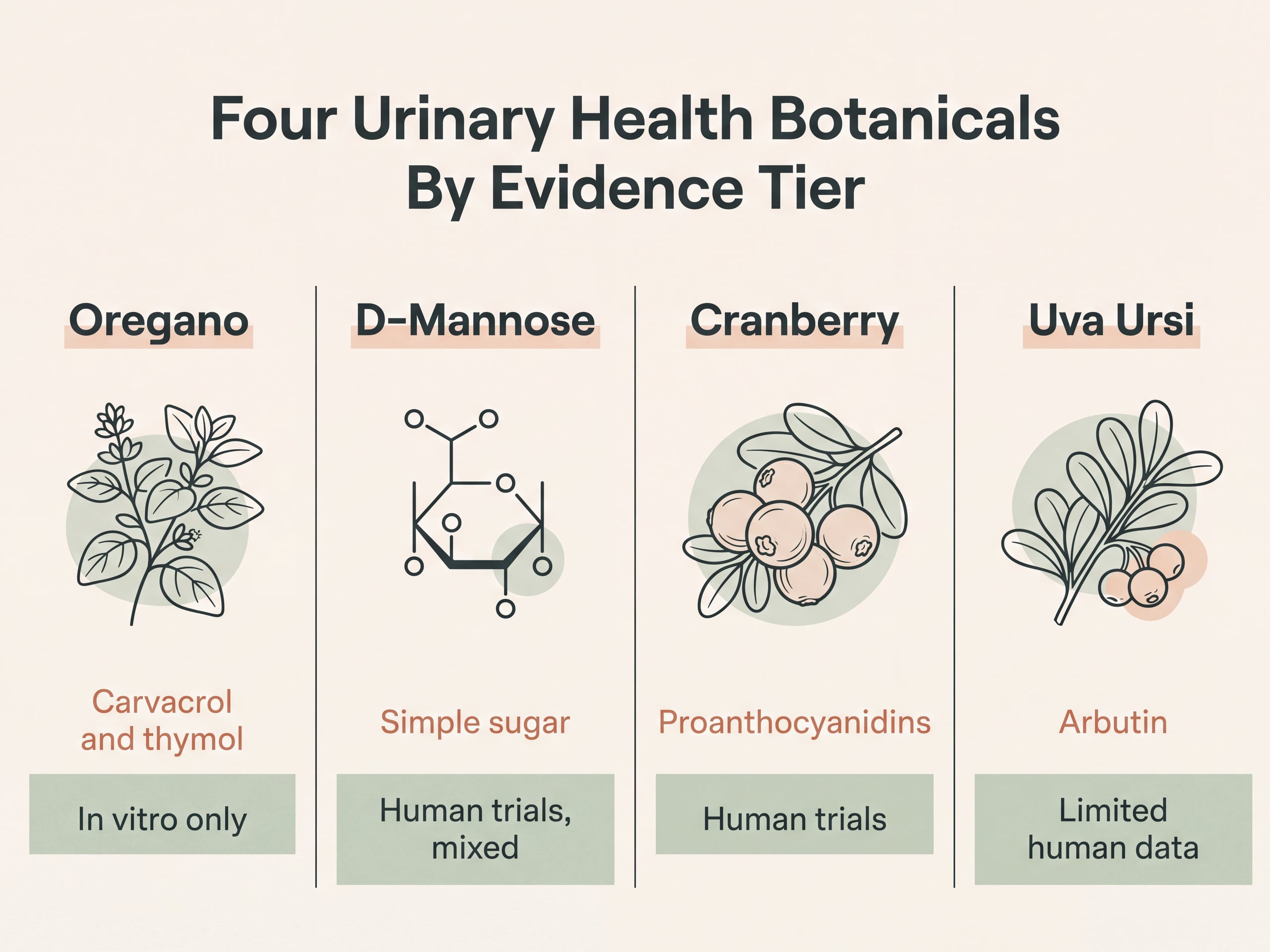 Comparison infographic of oregano D-mannose cranberry and uva ursi showing primary compounds and evidence tiers