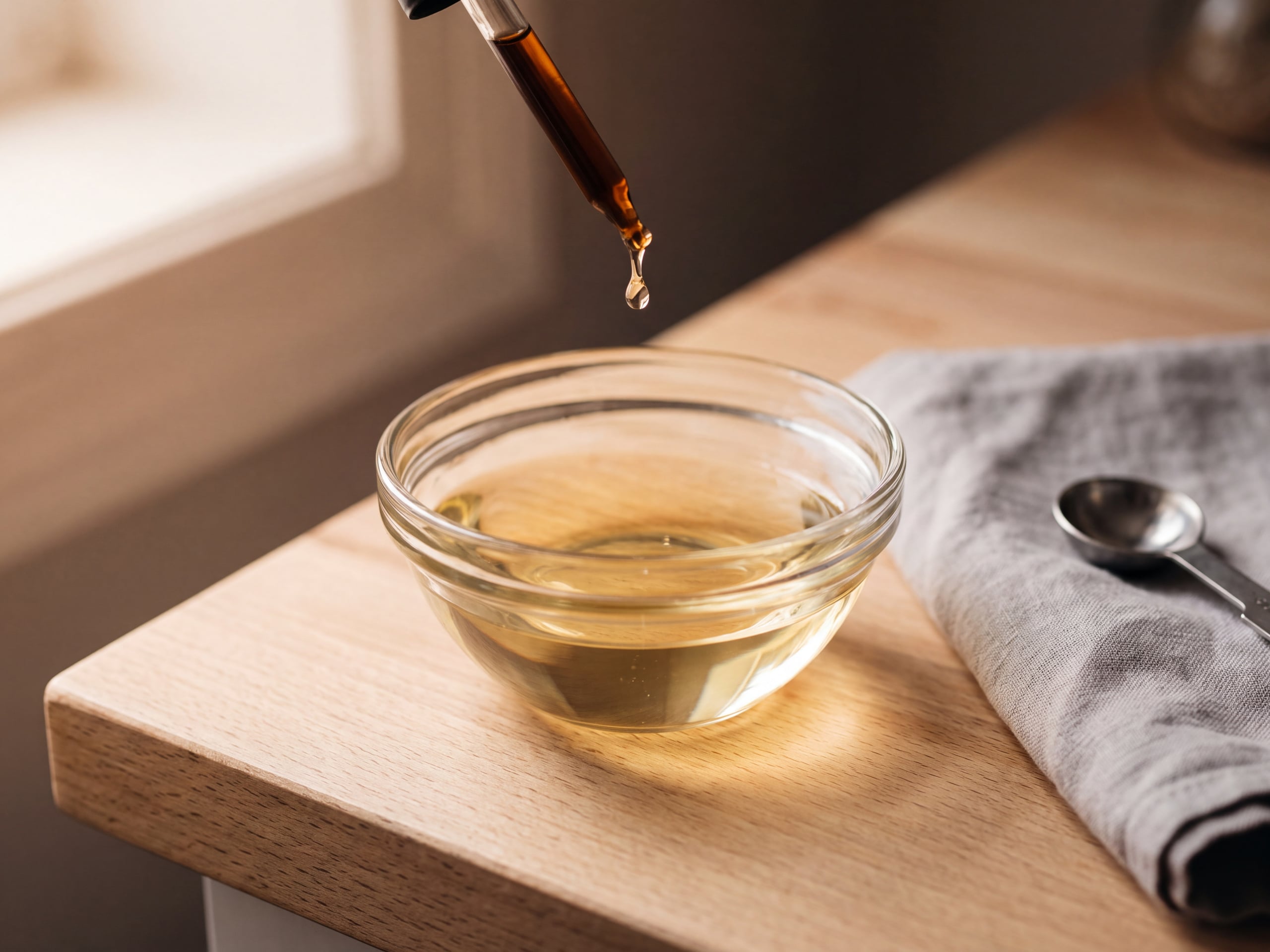 A single drop of oregano essential oil being added to carrier oil in a glass bowl to demonstrate safe dilution