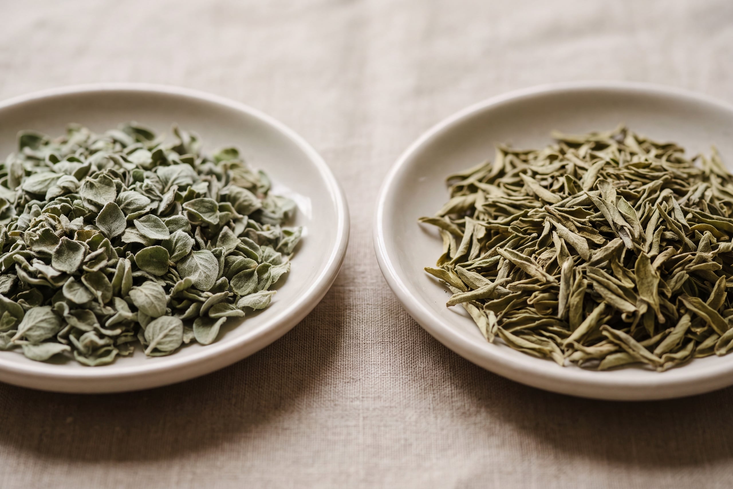 Dried Origanum vulgare and Lippia graveolens leaves side by side showing Mediterranean and Mexican oregano differences