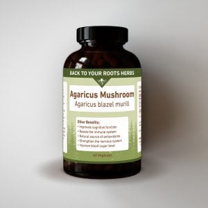 Front of a brown glass bottle of organic Agaricus blazei murill capsules, showing the brand Back To Your Roots Herbs and a 60 count.