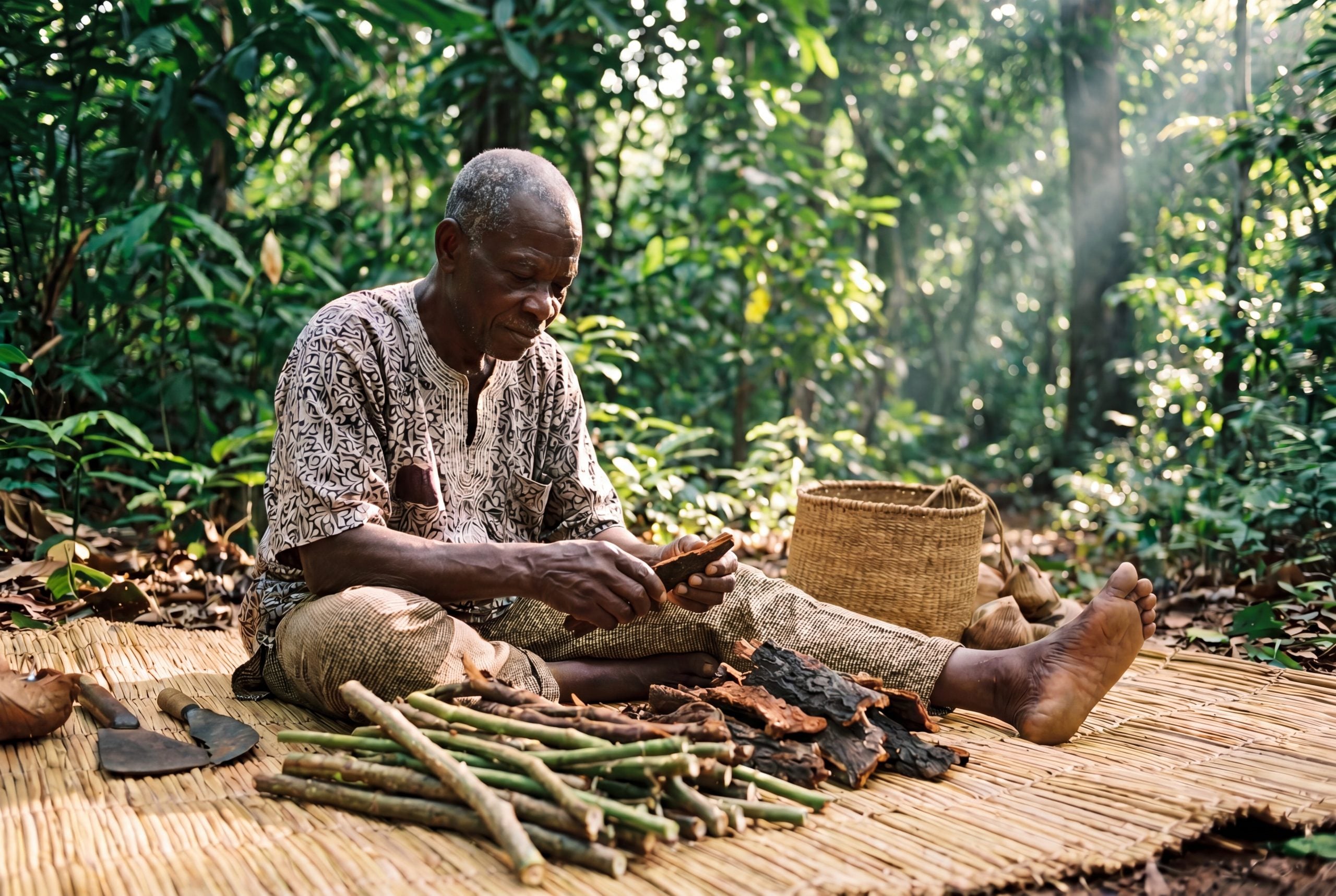West African herbalist examining freshly harvested Paullinia pinnata vine and root bark on a raffia mat in a tropical forest clearing