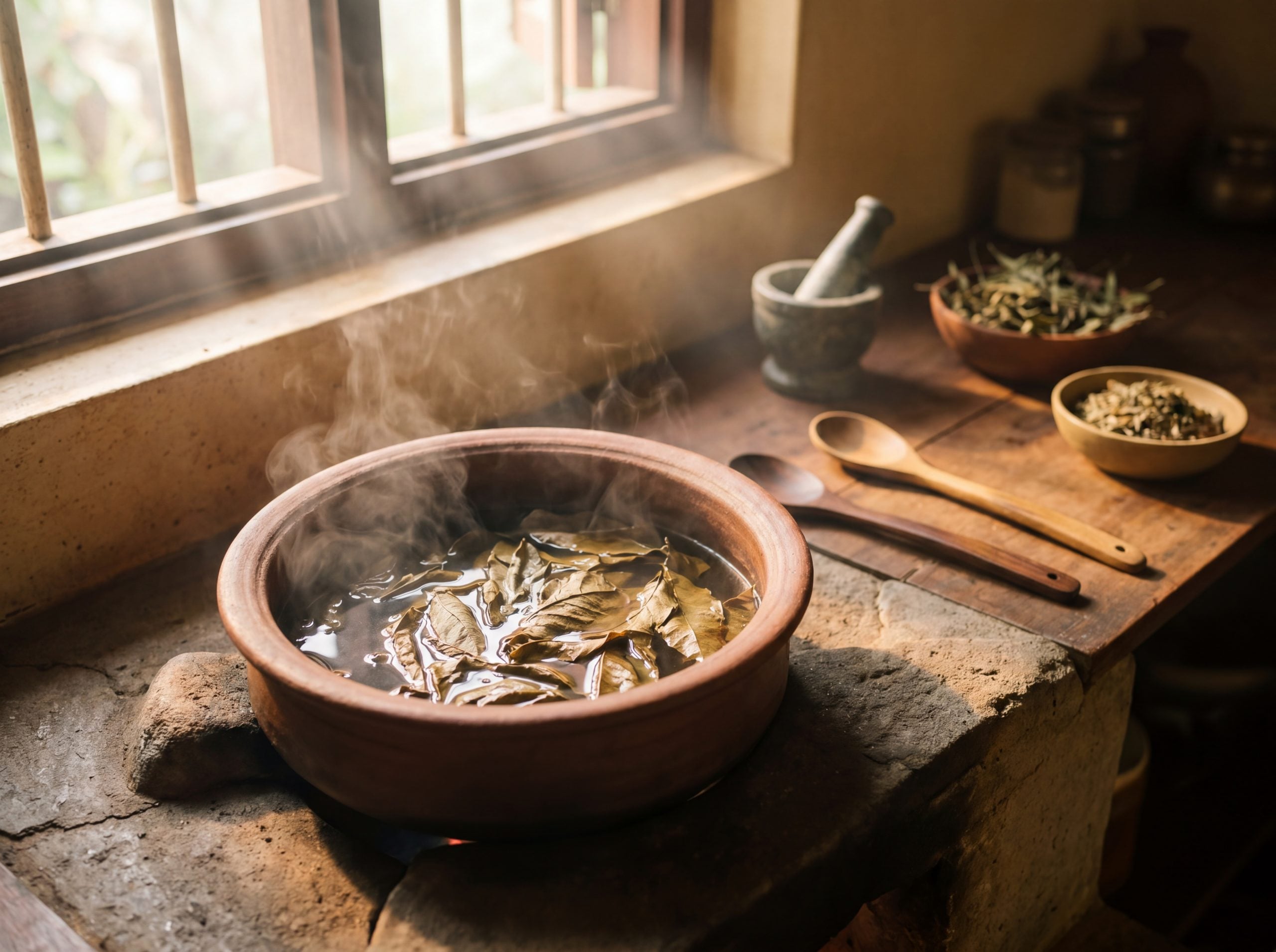 Traditional Paullinia pinnata leaf decoction simmering in a ceramic vessel showing the aqueous preparation method