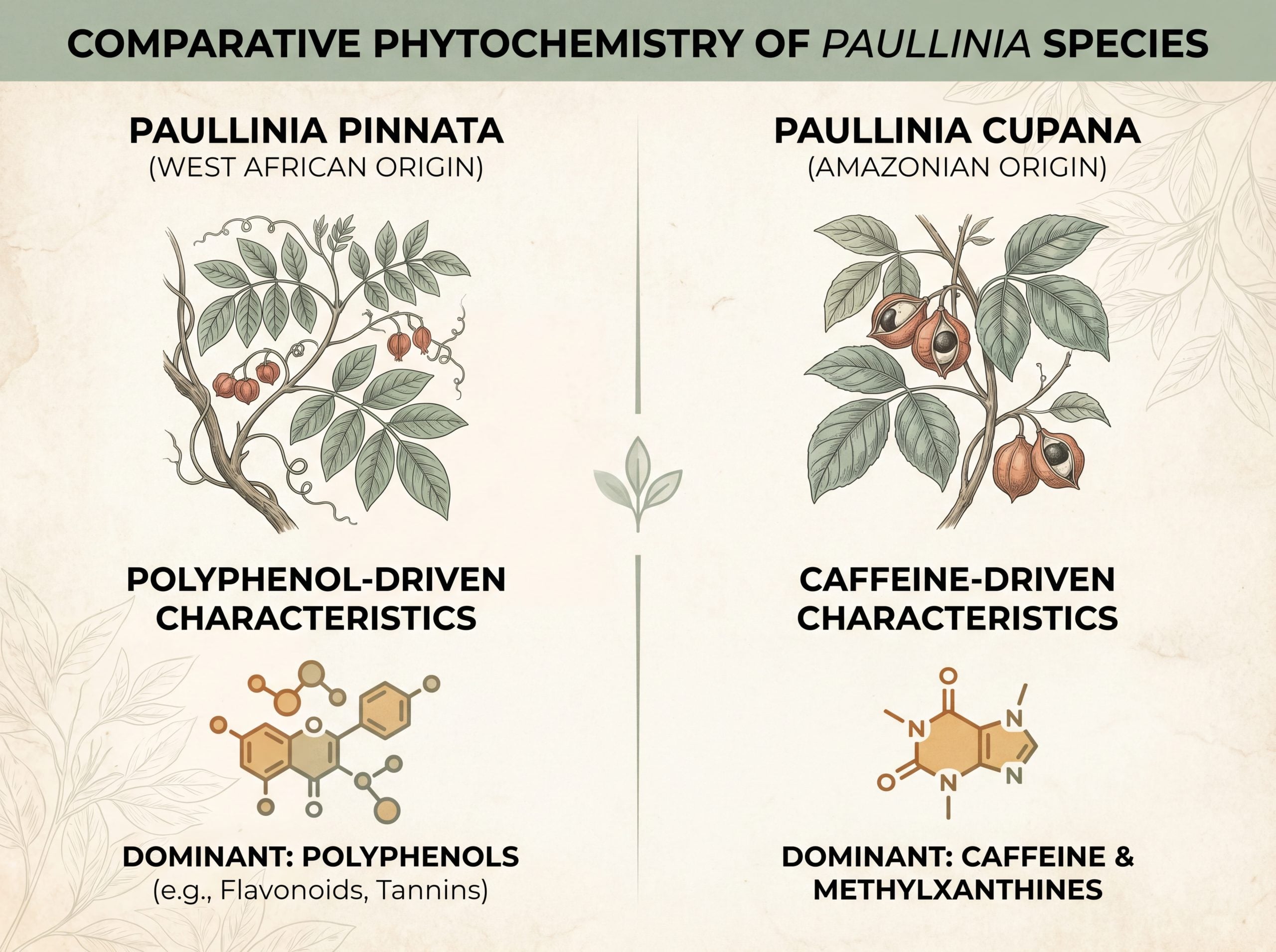 Comparison infographic showing Paullinia pinnata West African medicinal vine versus Paullinia cupana Amazonian guarana with their distinct constituent profiles