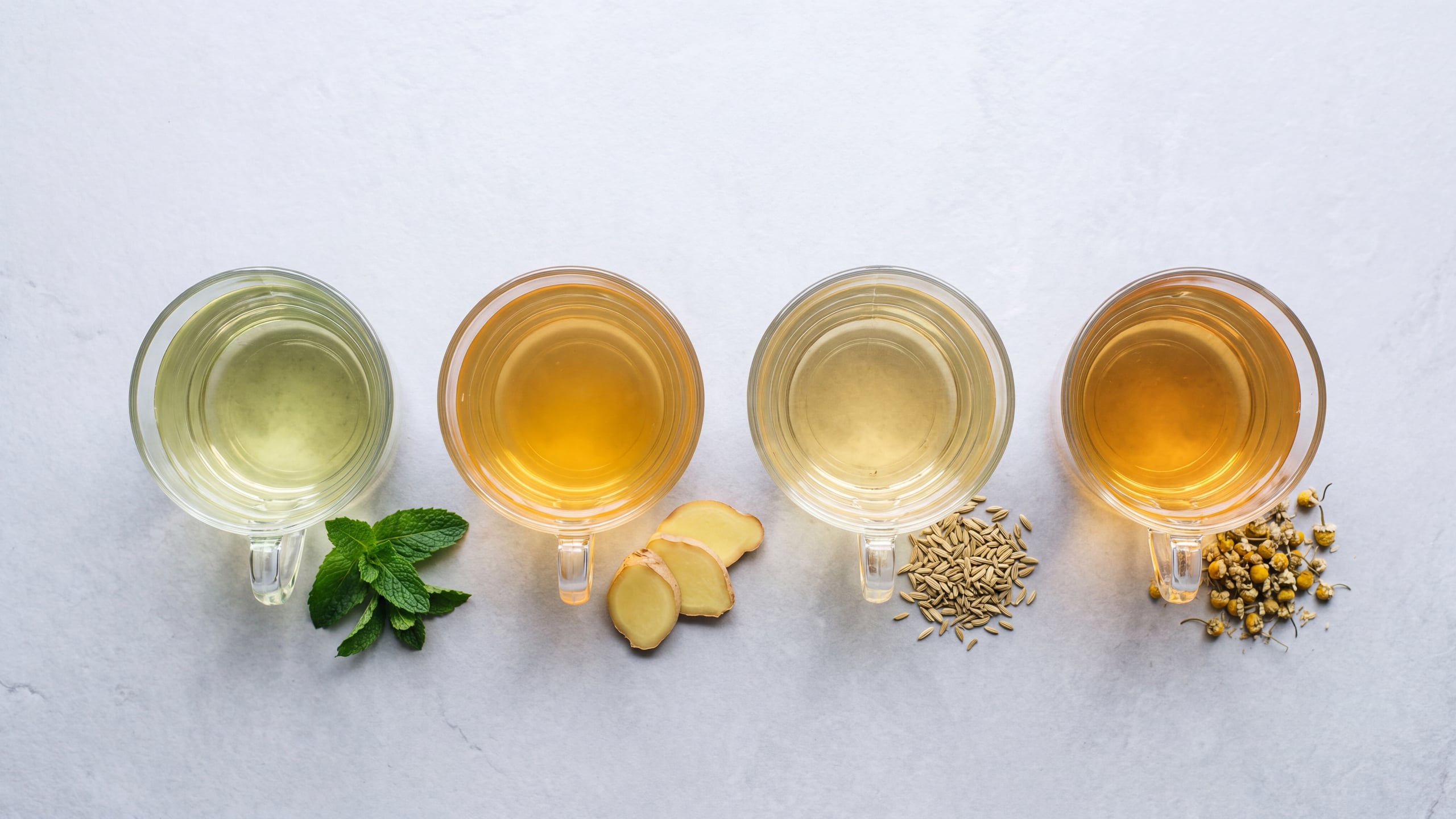 Peppermint, ginger, fennel and chamomile infusions compared side by side for bloating