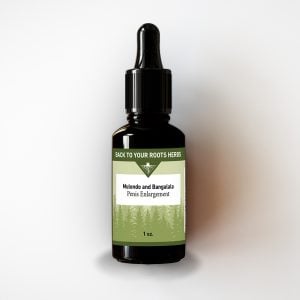 A 1 oz. amber glass bottle of Back To Your Roots Herbs Mulondo and Bangalala tincture for male enhancement, shown on a clean white background.