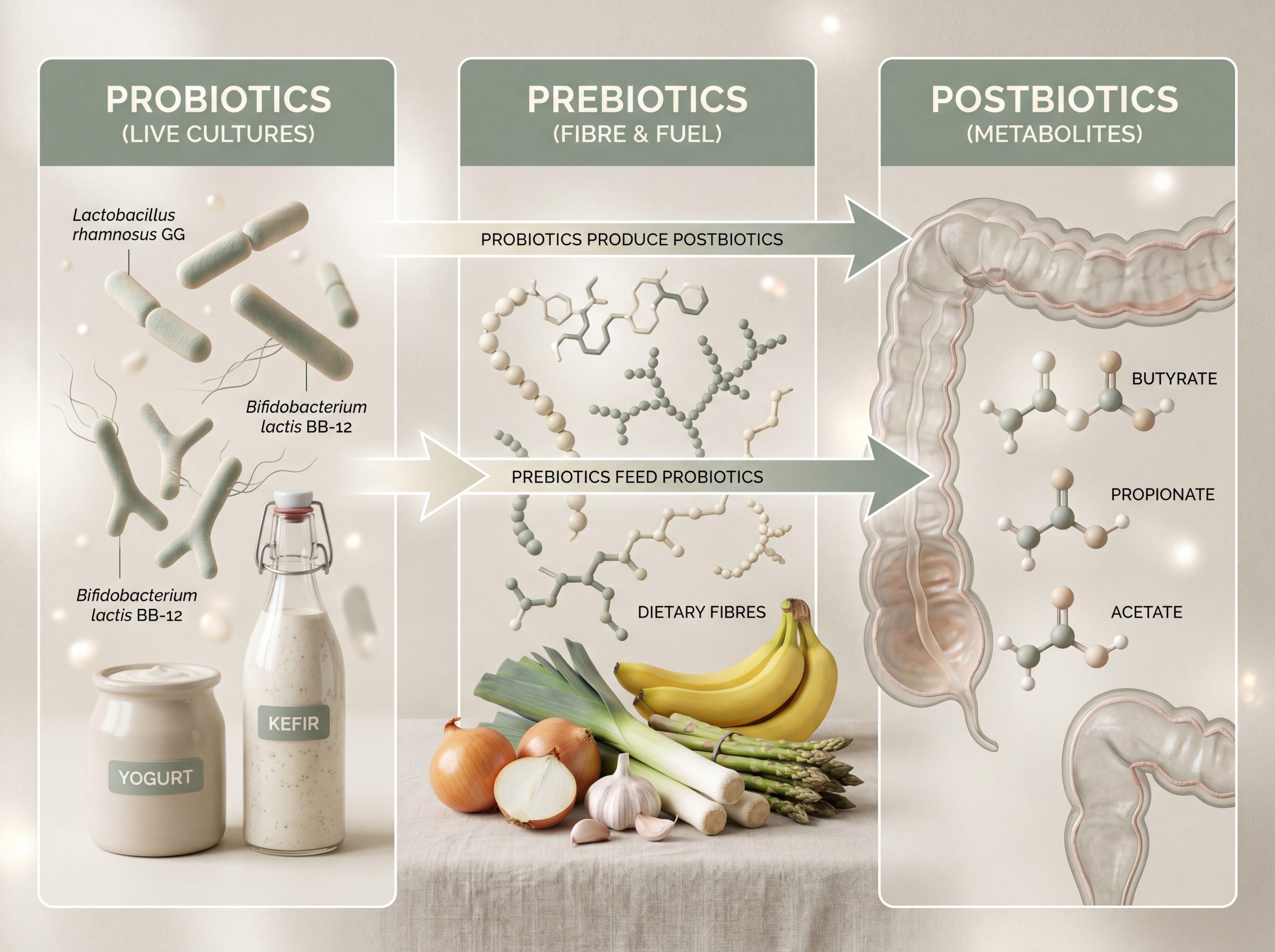 Probiotic, prebiotic, and postbiotic comparison infographic with example strains and food sources
