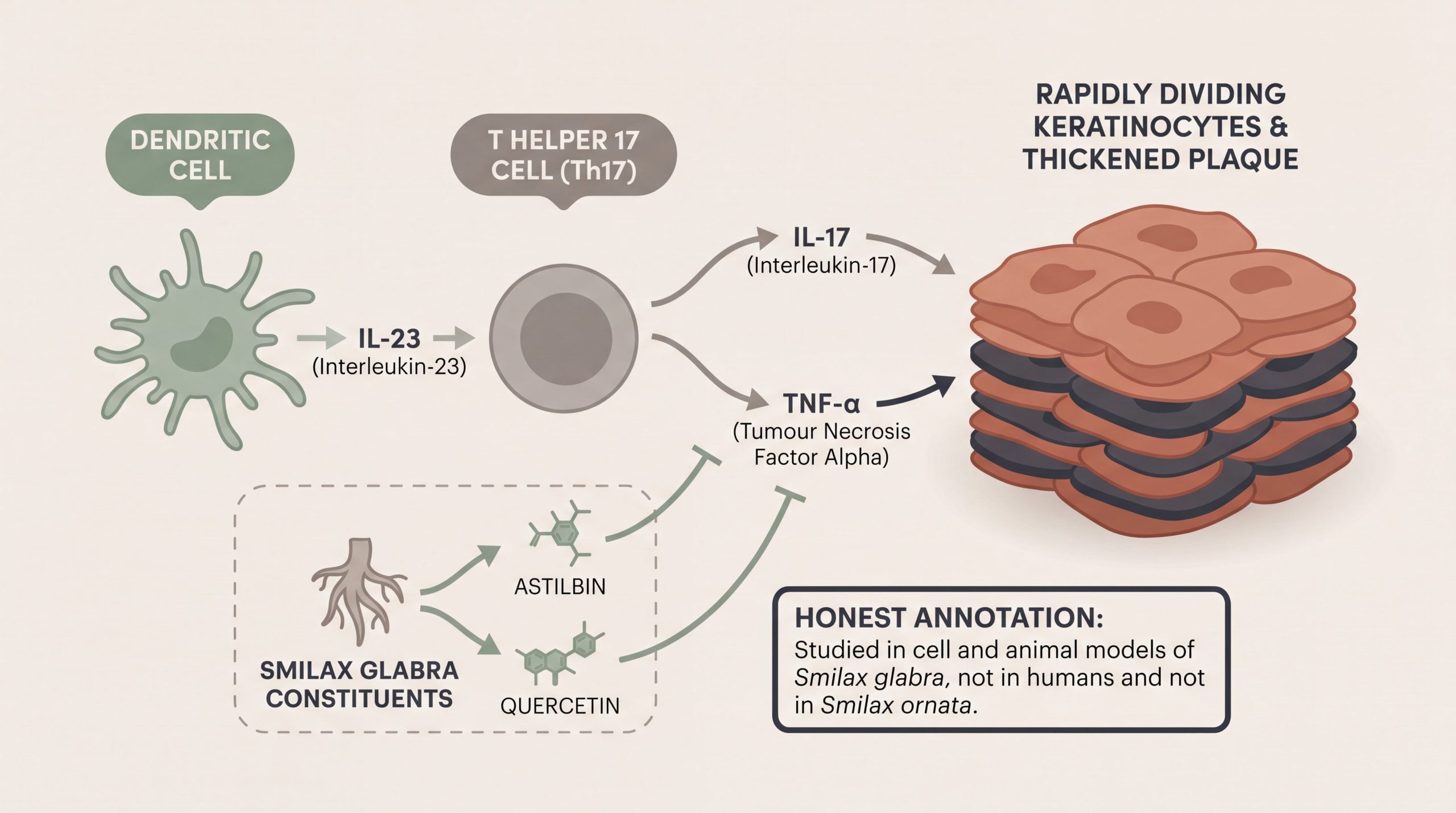 Diagram of the IL-23 and IL-17 inflammatory axis in psoriasis and where Smilax compounds have been studied