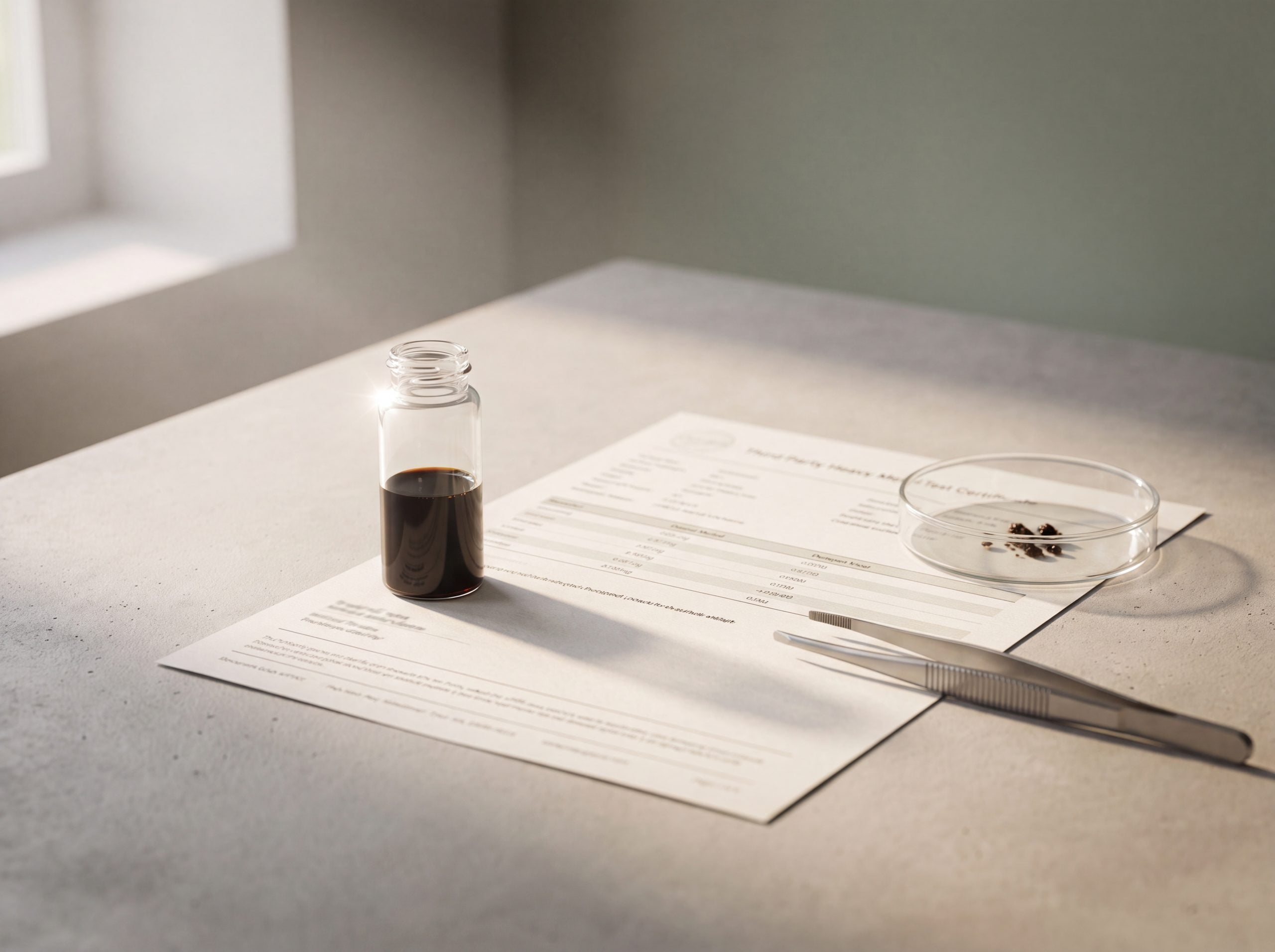 Purified shilajit extract beside a third-party heavy metal test certificate, the purity check that protects kidney health.