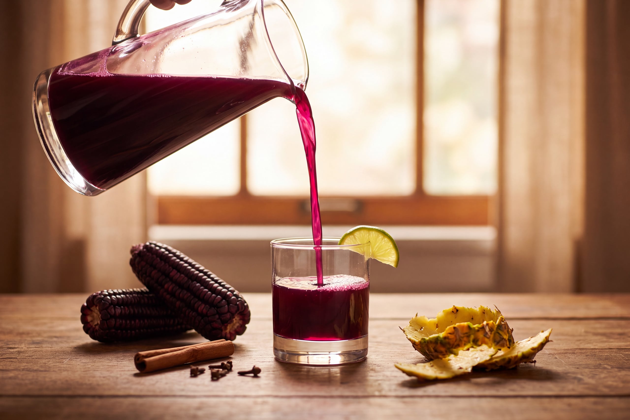 Deep magenta chicha morada poured from a pitcher beside dried purple corn cobs, cinnamon and clove