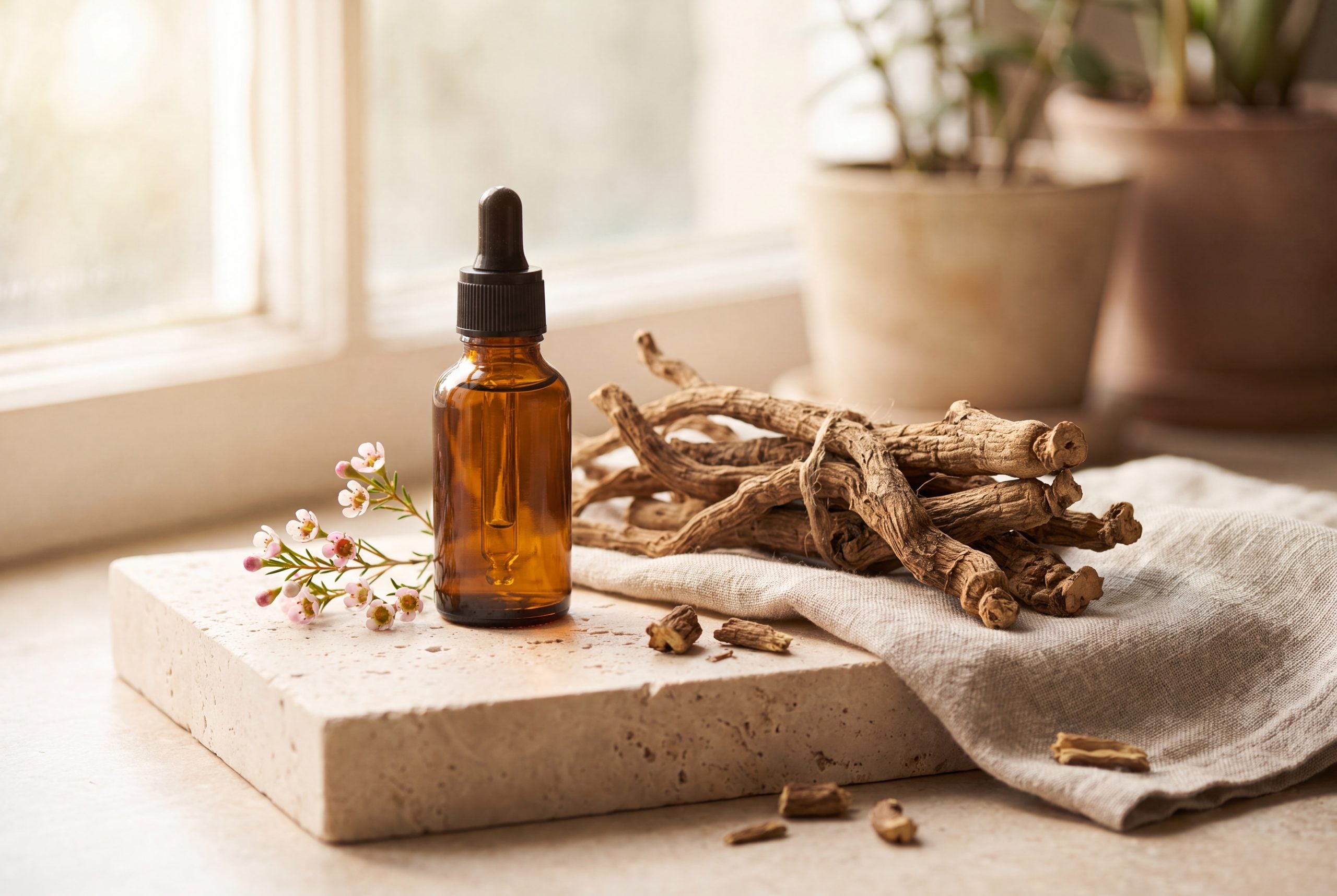 Homeopathic Rauwolfia serpentina mother tincture bottle beside dried Indian snakeroot