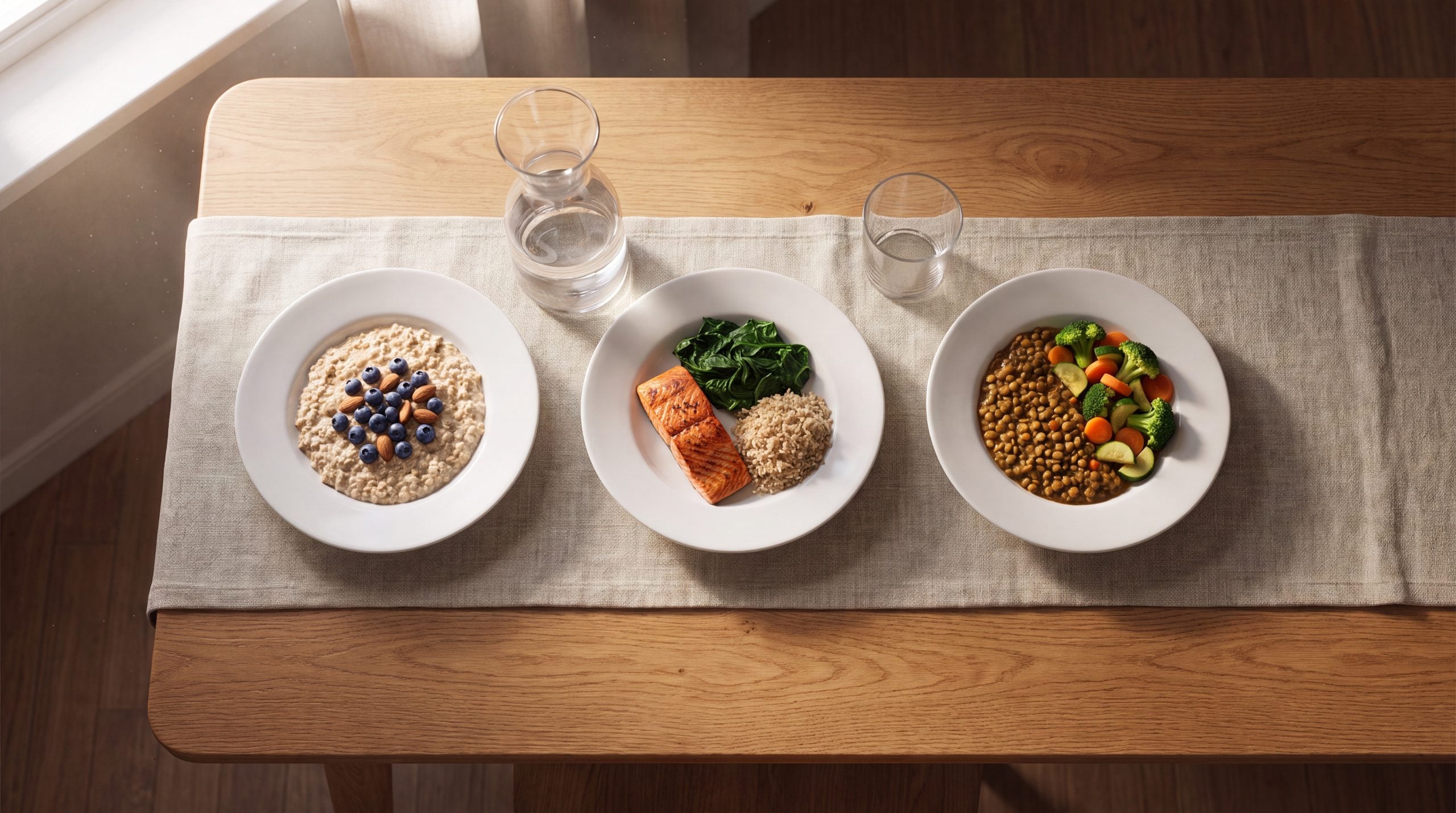 Three low-fat meals for a day of pancreas-supportive eating, with water, showing morning, midday and evening portions.