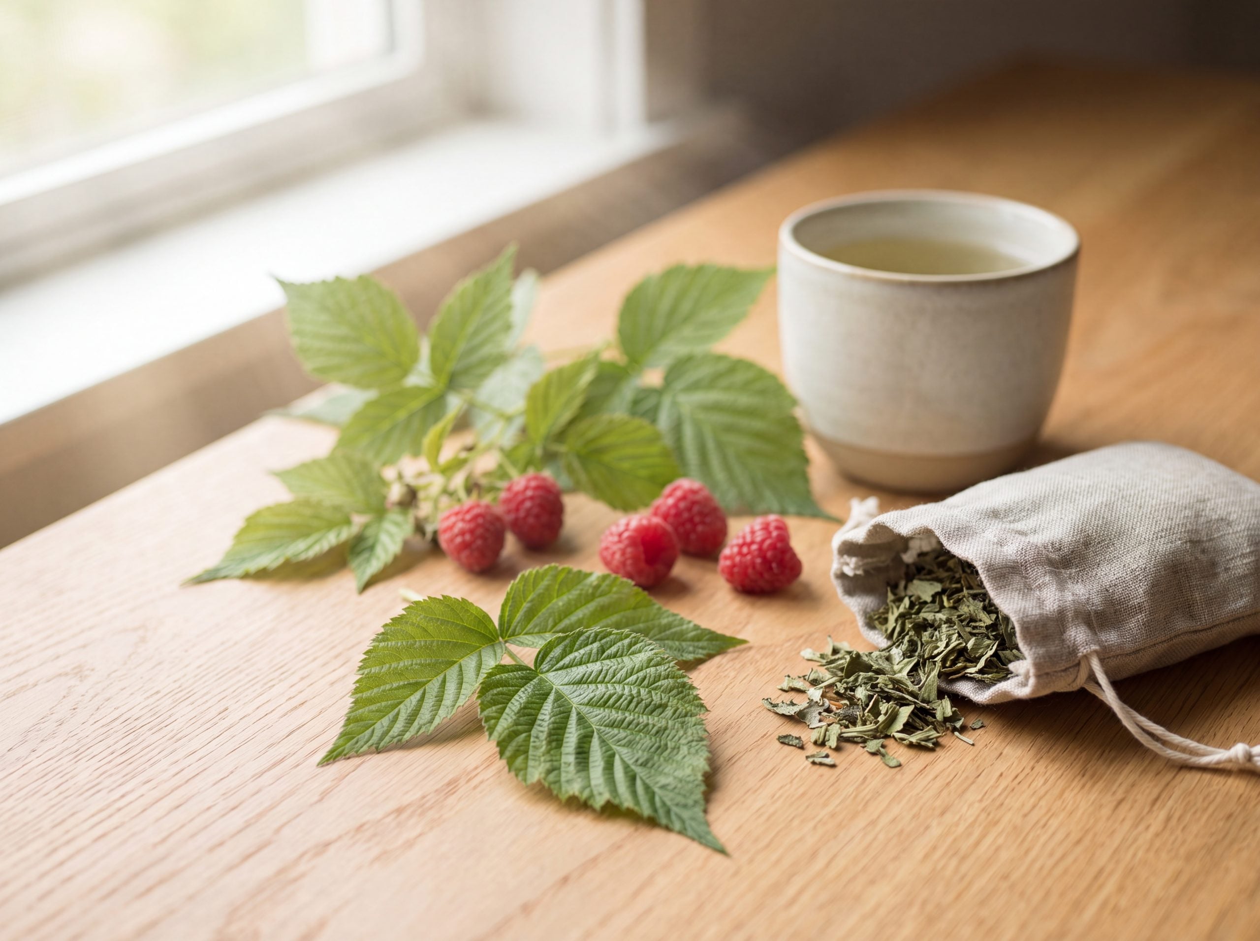 Fresh and dried red raspberry leaf with a cup of herbal infusion, a traditional uterine tonic for heavy periods