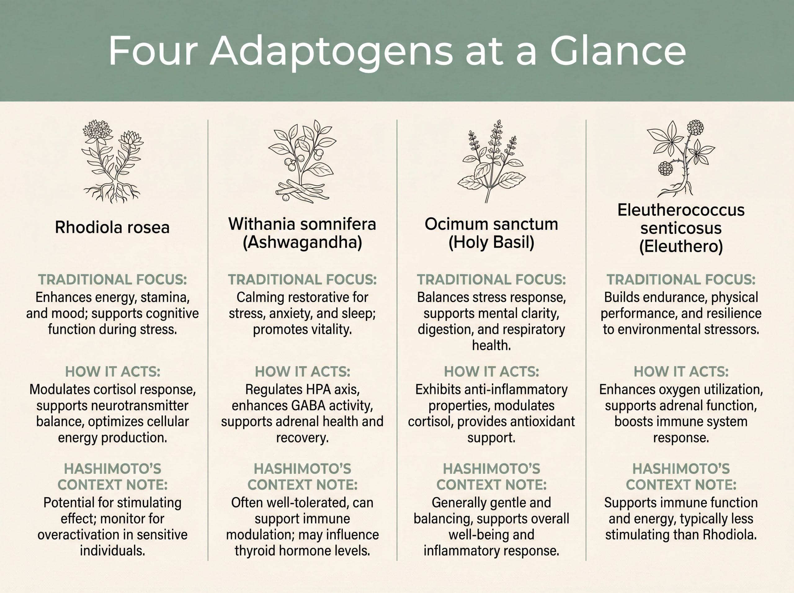 Comparison infographic of rhodiola, ashwagandha, holy basil, and eleuthero for thyroid wellness
