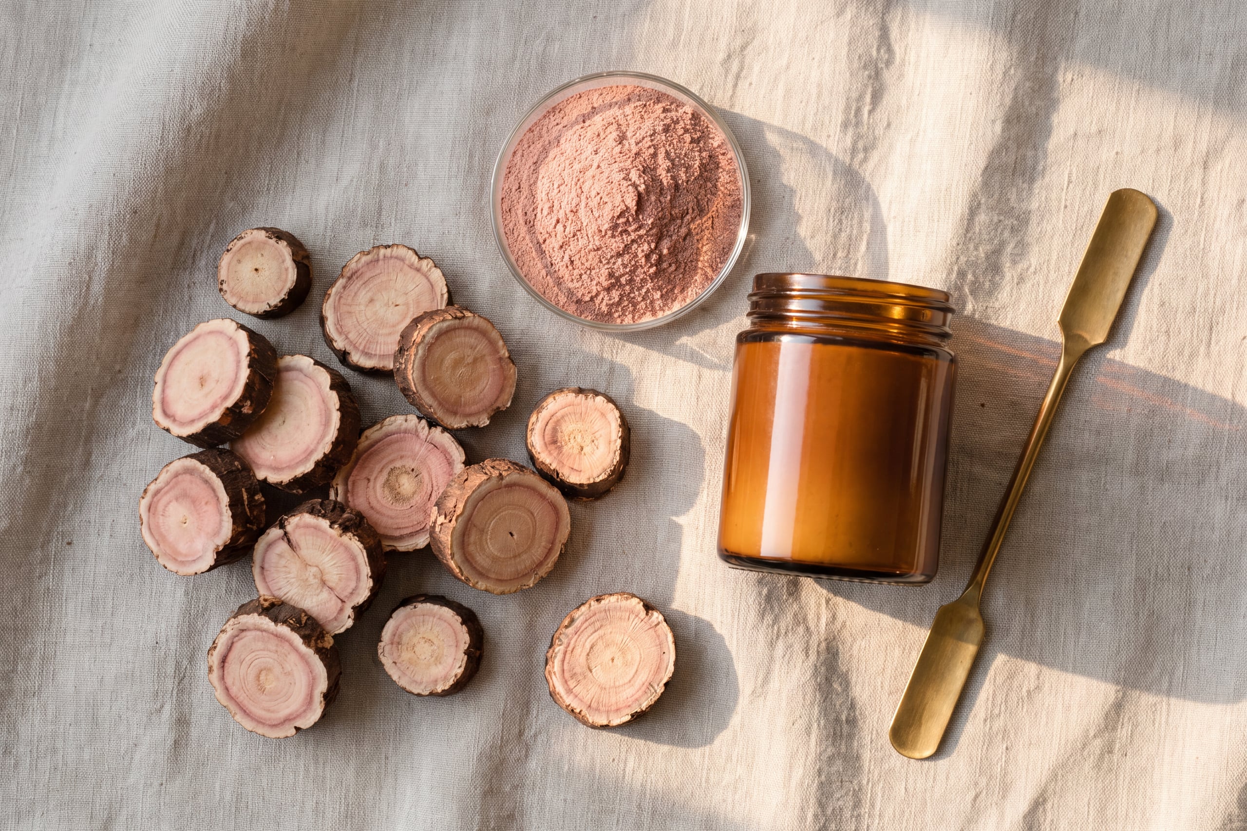 Dried Rhodiola rosea root cross-sections beside milled rhodiola powder, showing growth rings and rose-blushed interior.