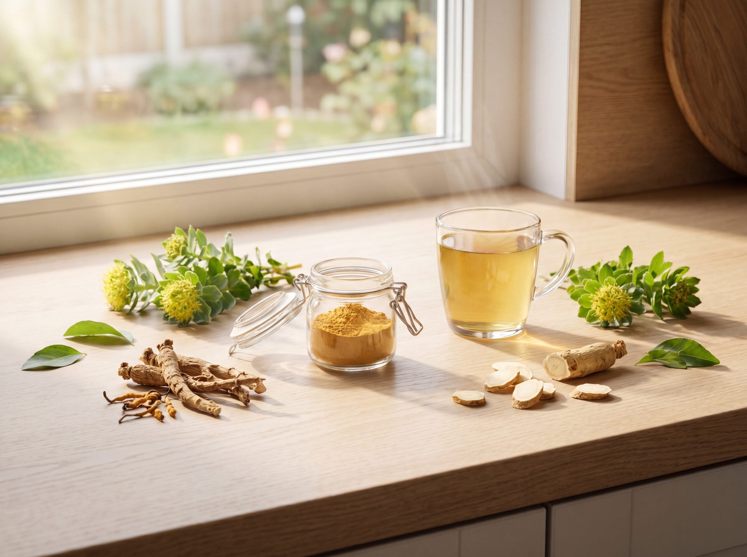 Rhodiola root, ginseng, and cordyceps arranged as natural herbal supplements for energy