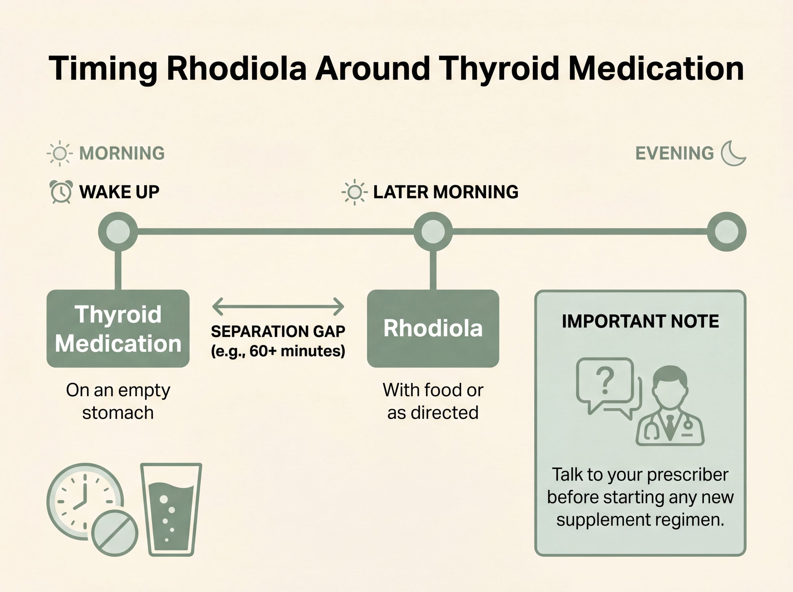 Infographic showing how to space rhodiola away from levothyroxine thyroid medication during the day